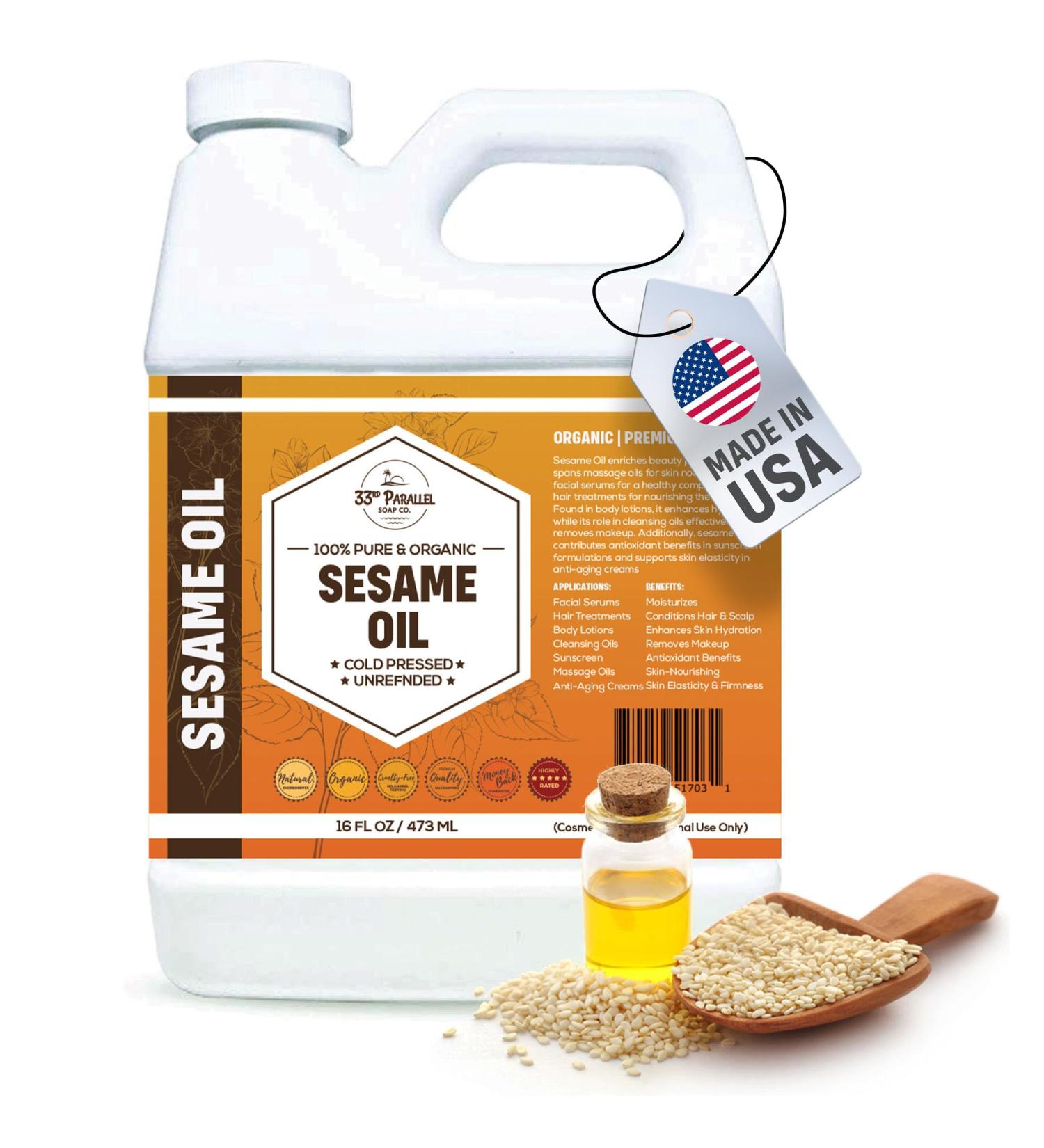 ORGANIC SESAME OIL (16 oz) Premium Cold Pressed Unrefined | 100% Pure Sesame Oil for Skin Face Hair Soap Making | Carrier for Essential Oils | Available in Bulk | 16 FL OZ - Buy Online on GoSupps.com