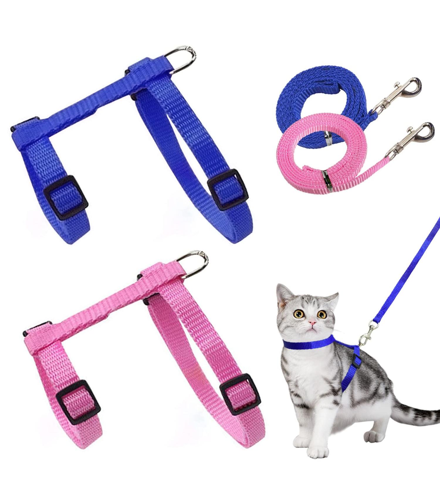 Adjustable Nylon Cat Leash Set - 2 Pieces Pink & Blue Harness for Kittens & Puppies | Soft Cat Dishes Included - Buy Online on GoSupps.com