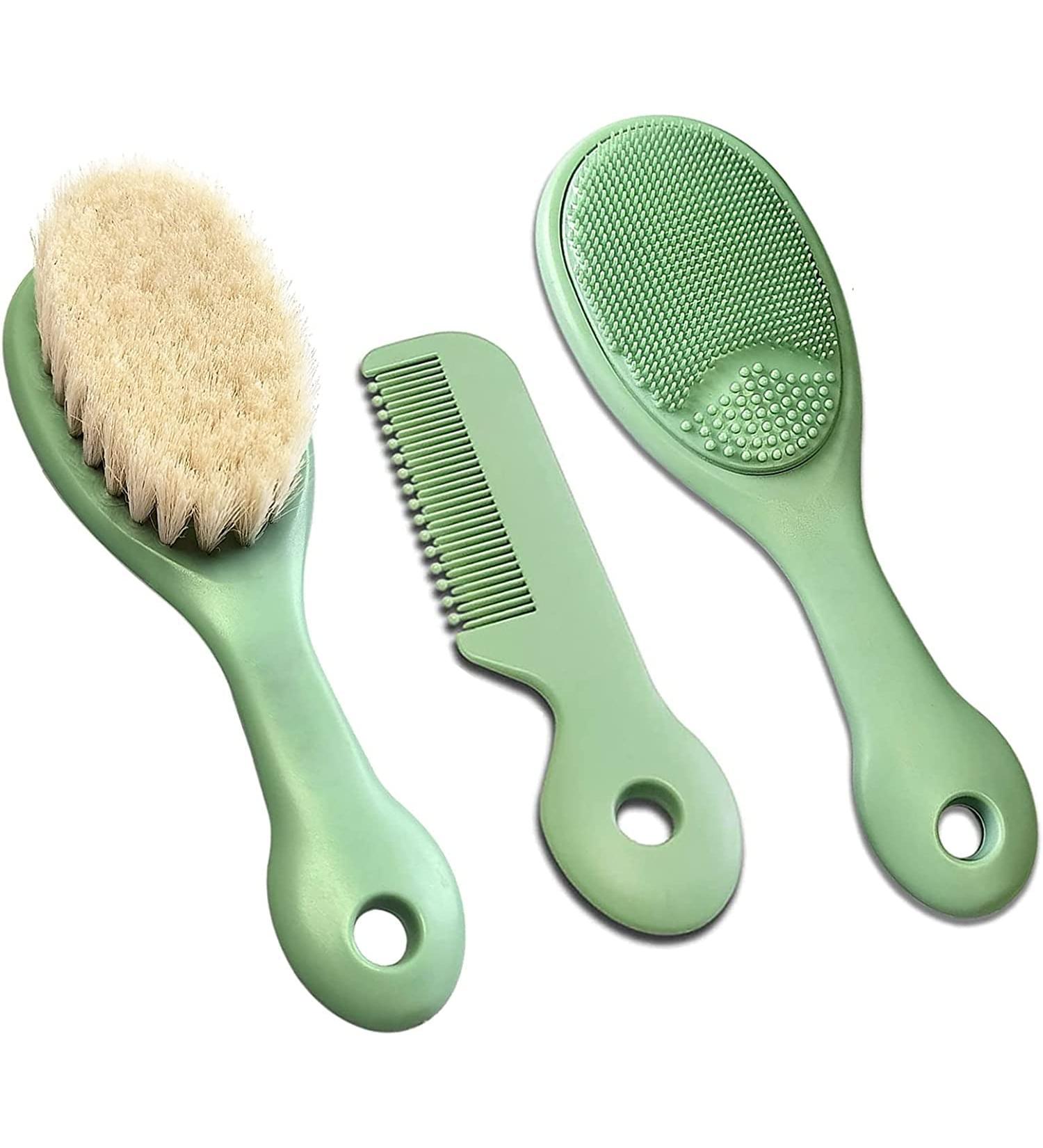 Mocarheri 3PC Baby Hairbrush Set for Newborns & Toddlers | Natural Soft Goat Bristle | Ideal for Cradle Cap | Light Green - Buy Online on GoSupps.com
