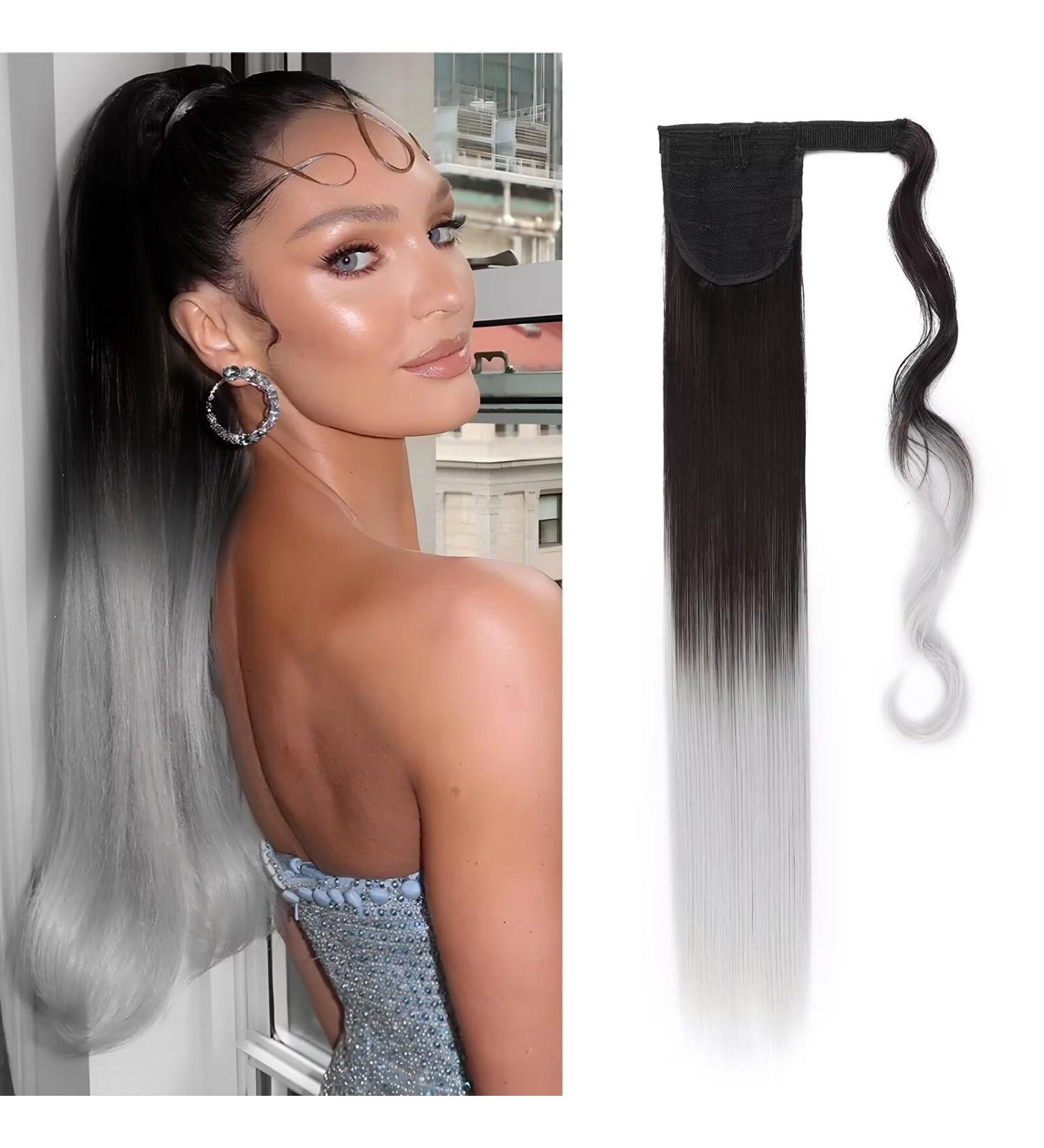 Shop 23 Clip-In Ponytail Extensions - Dark Brown to Silver Gray - Realistic Synthetic Hair Wrap Around Braid (90g) - Buy Online on GoSupps.com