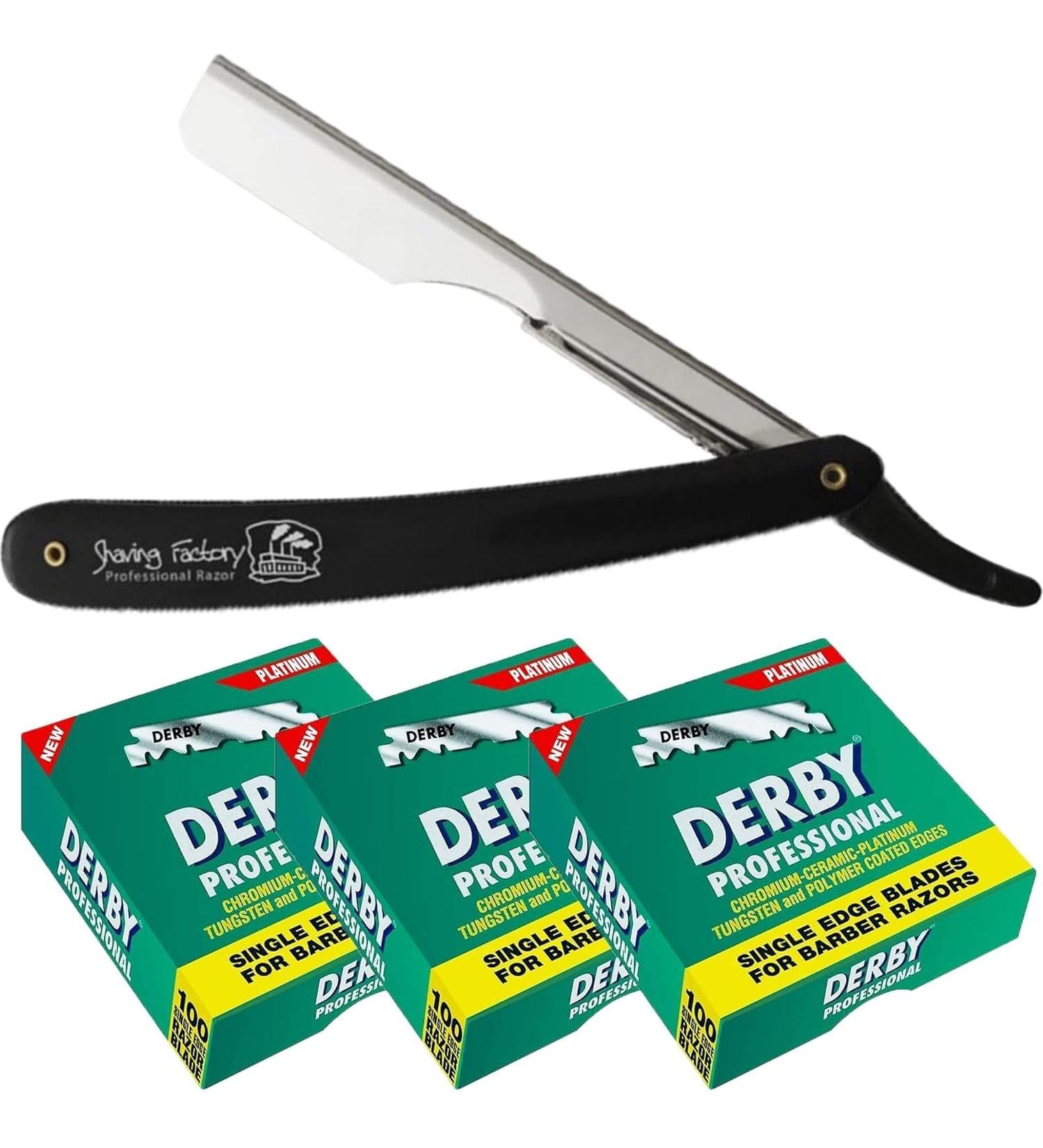 Buy Derby & The Shave Factory Straight Edge Razor Blades - Black & Silver Shaving Kit (3 Pieces) | International Shipping Available - Buy Online on GoSupps.com