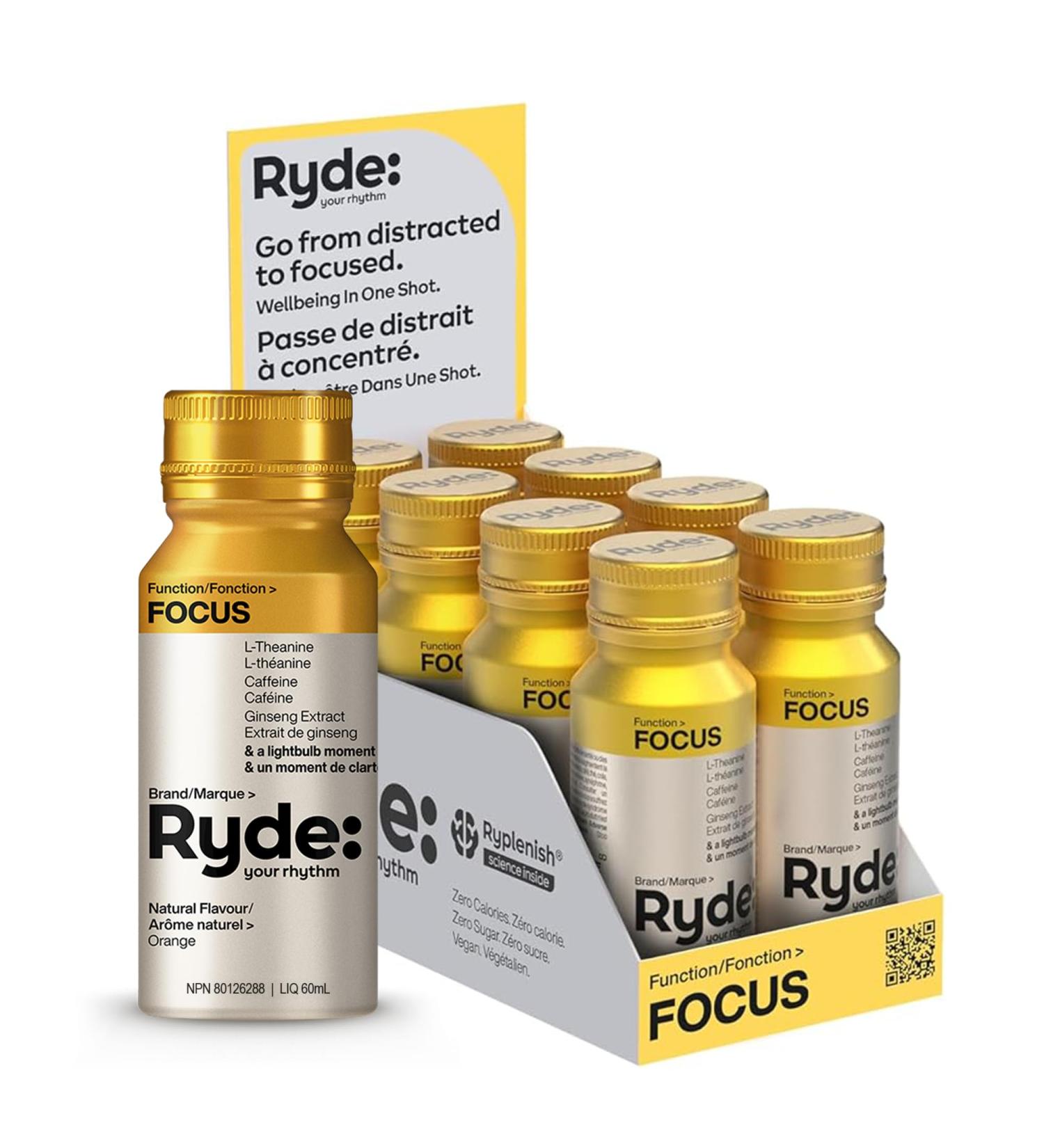 Ryde Focus Shot | Orange Flavor | 8 pack of 60 ml shots | Ginseng & L-Theanine | Caffeine | Zero Calories Zero Sugar and Vegan Focus Shot (Orange Flavor) - Buy Online on GoSupps.com