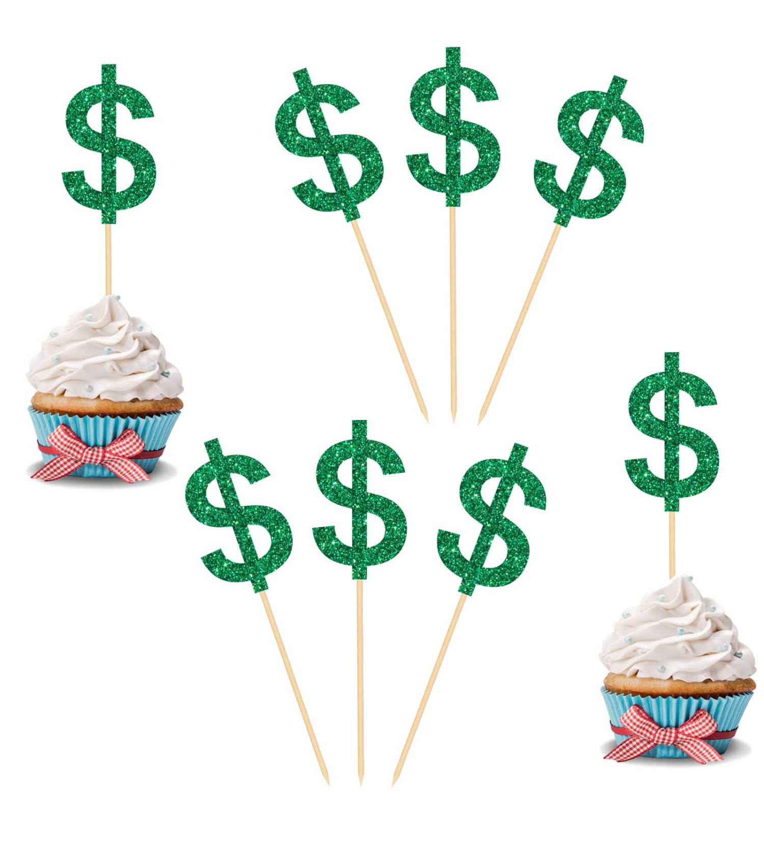Ambishi 24pcs Dollar Sign Cupcake Toppers American Dollar for Casino Wedding Birthday Festival Party Decoration Light Up Your Casino Party Decor Cake Picks Green Glitter - Buy Online on GoSupps.com