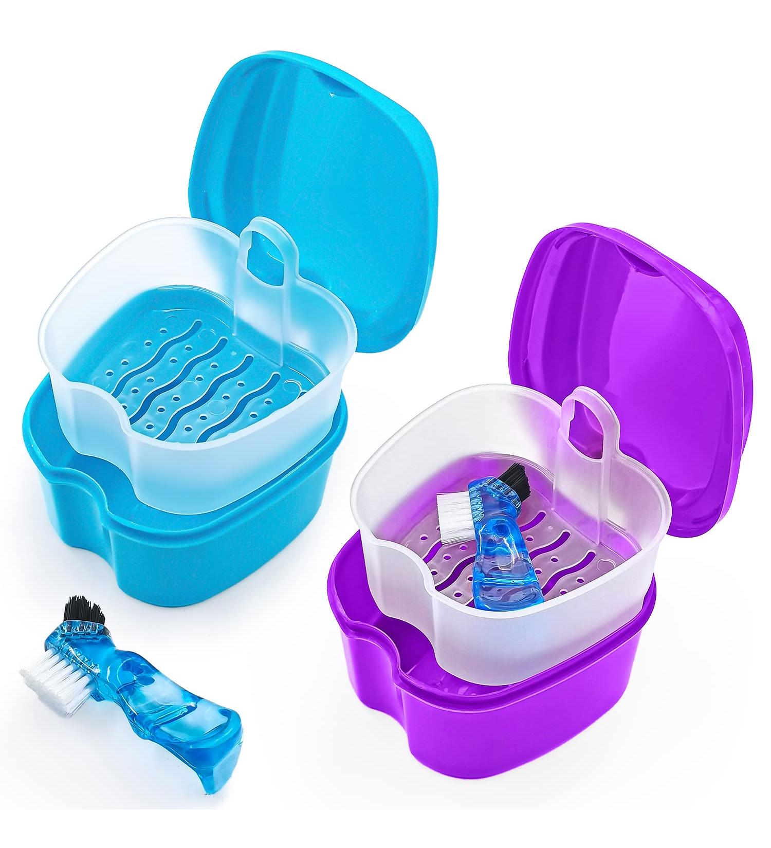 2 Pack Denture Case Dental Mouthguard Case Denture Bath Box Cleaning with Brush Strainer Basket and Lid Waterproof - Purple and Blue Purple & Blue - Buy Online on GoSupps.com
