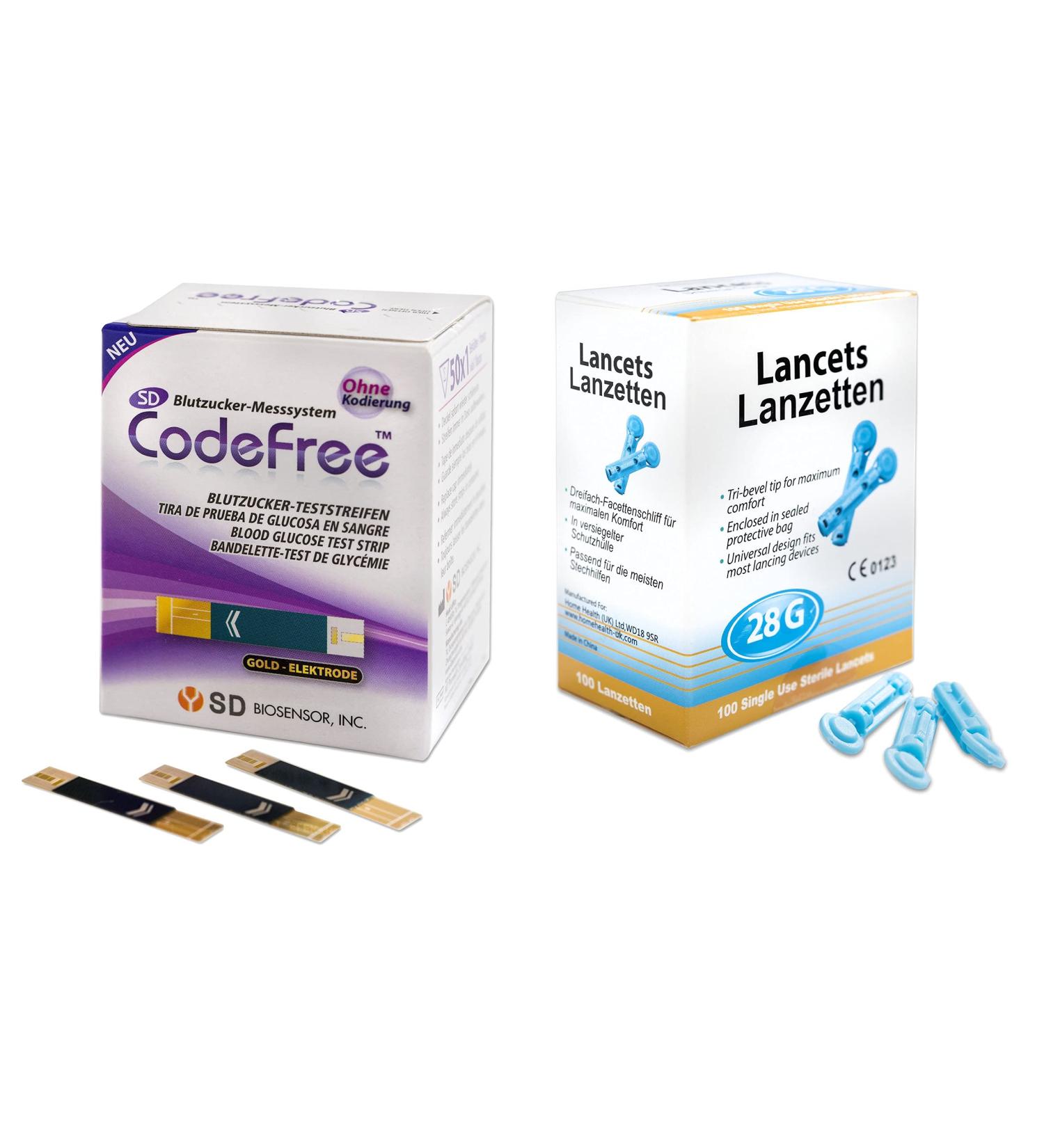SD Codefree Blood Sugar Test Strip Bargain Pack - 100 Diabetes Test Strips & 50 Blood Lancets 28G | International Shipping - Buy Online on GoSupps.com