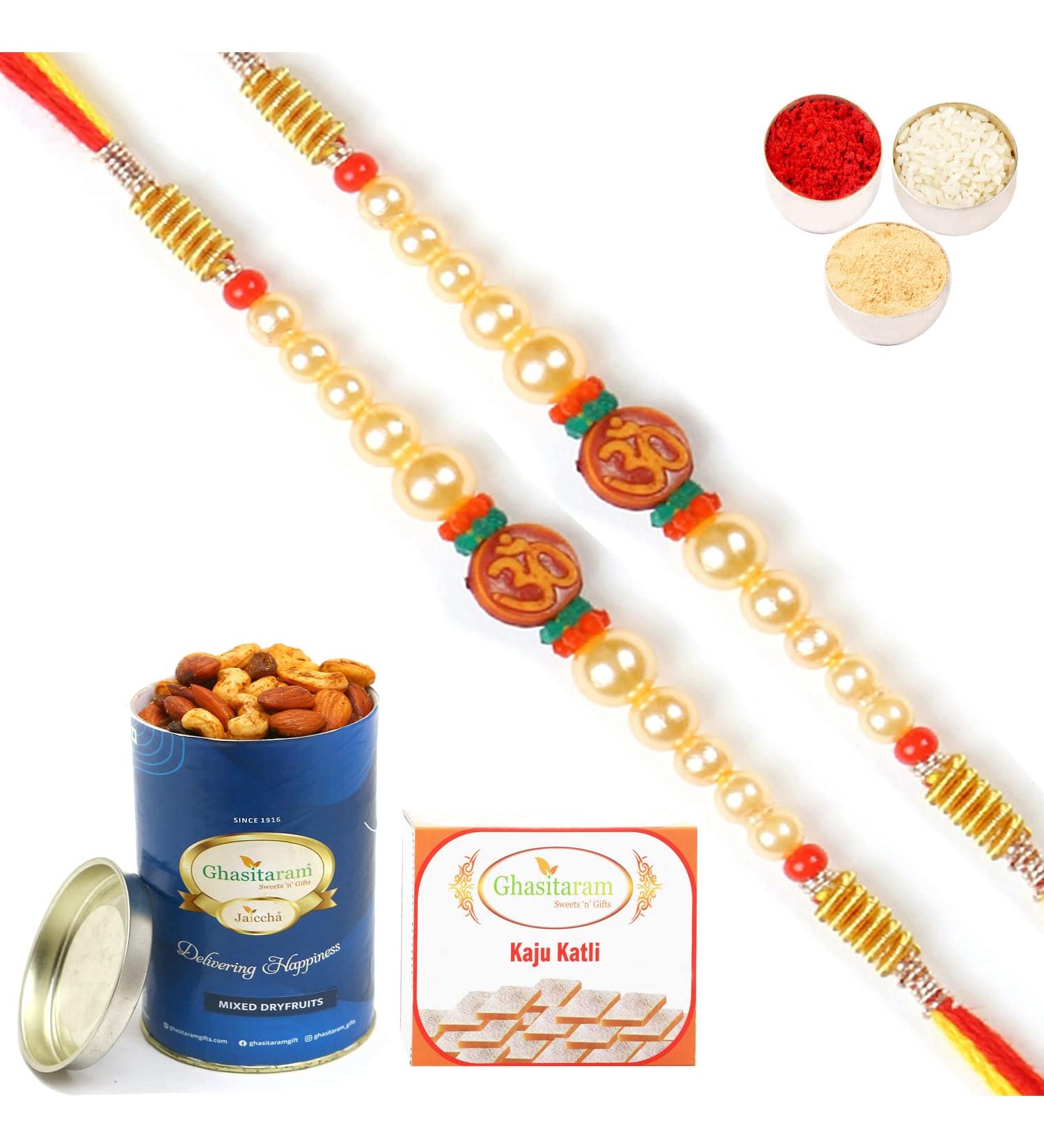 Ghasitaram Gifts Rakhis Online for Brother- Set of 2-6135 Rakhi Thread with 100 GMS of Dryfruits Mix Can 200 GMS of Kaju katli 2 Rakhi & 100g Dryfruits Mix Can 200g Kaju katli - Buy Online on GoSupps.com