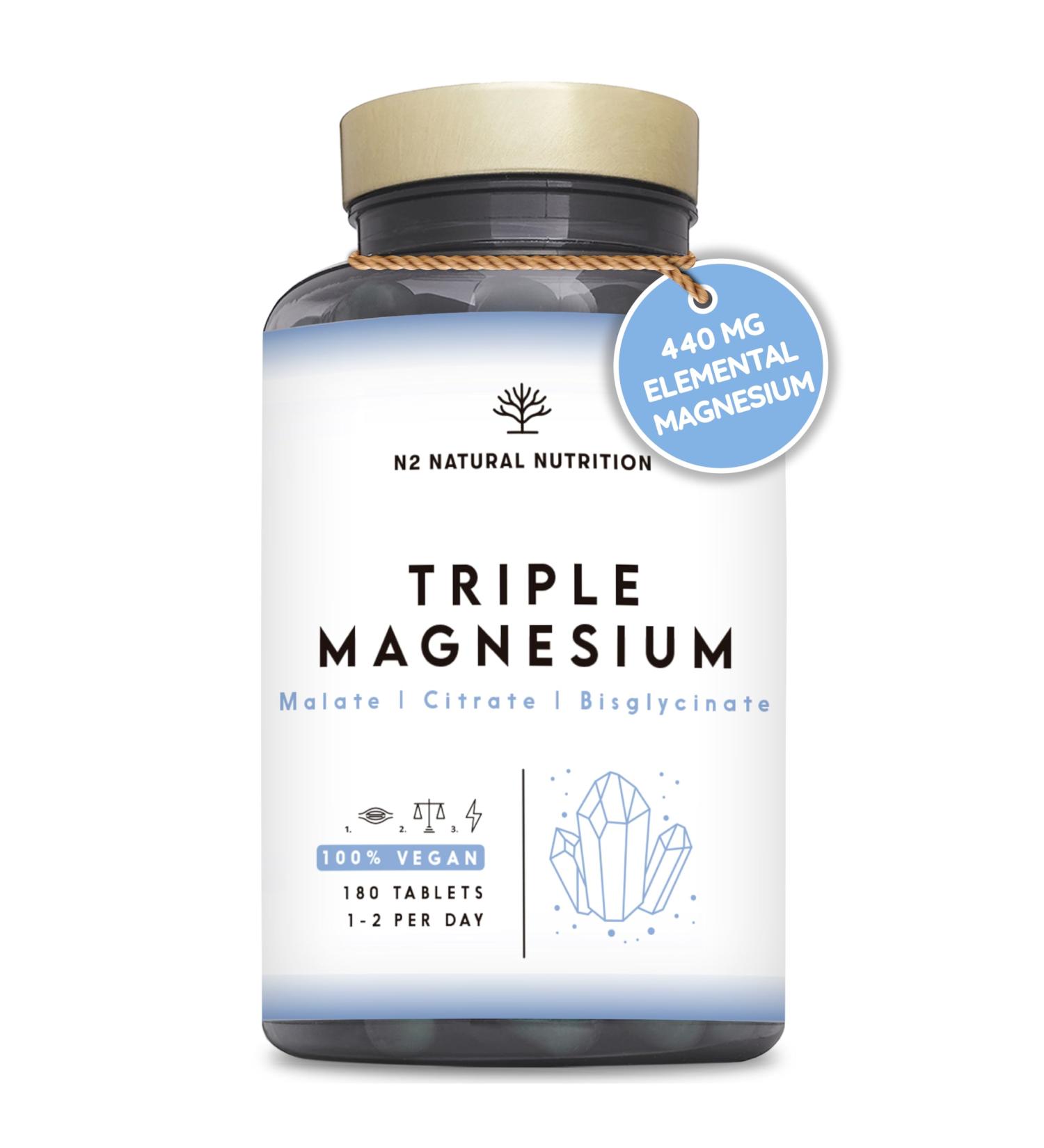 Triple Magnesium Glycinate 3-in-1 (6 Months) 2640 mg Magnesium Synergistic Complex with Malate Citrate Bisglycinate for Sleep Energy Muscles and Bones. 180 Tablets. N2 Natural Nutrition Triple Magnesiun 180 Capsules - Buy Online on GoSupps.com
