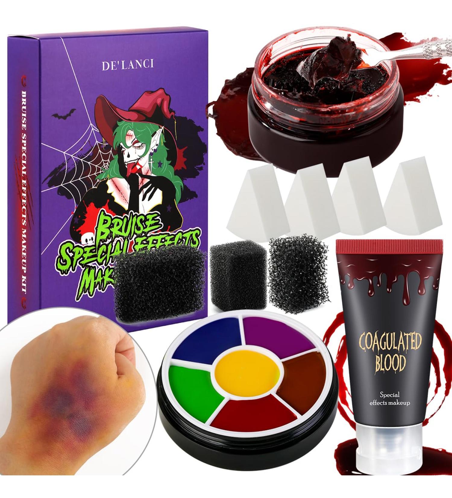Wound Bruise SFX Halloween Makeup Kit - 6 Color Oil Based Face Paint Edible Fake Blood Dark Coagulated Scar Gel 7 Sponges for Stage & Cosplay - Buy Online on GoSupps.com