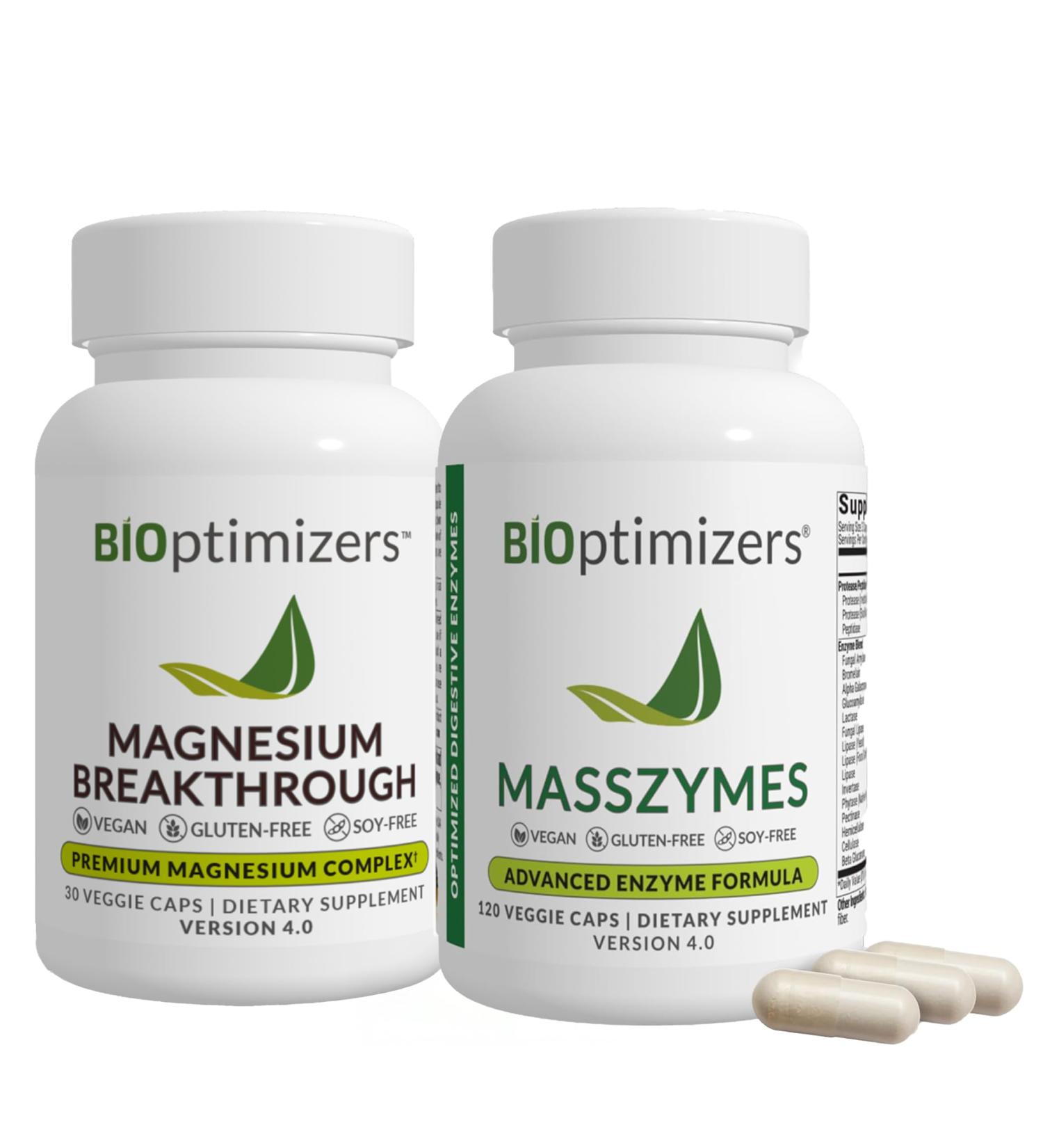BiOptimizers Magnesium Breakthrough 4.0, (30 Capsules) & MassZymes 4.0, (120 Capsules) - Natural Sleep, Brain, and Digestive Health Support Supplement Bundle - Buy Online on GoSupps.com