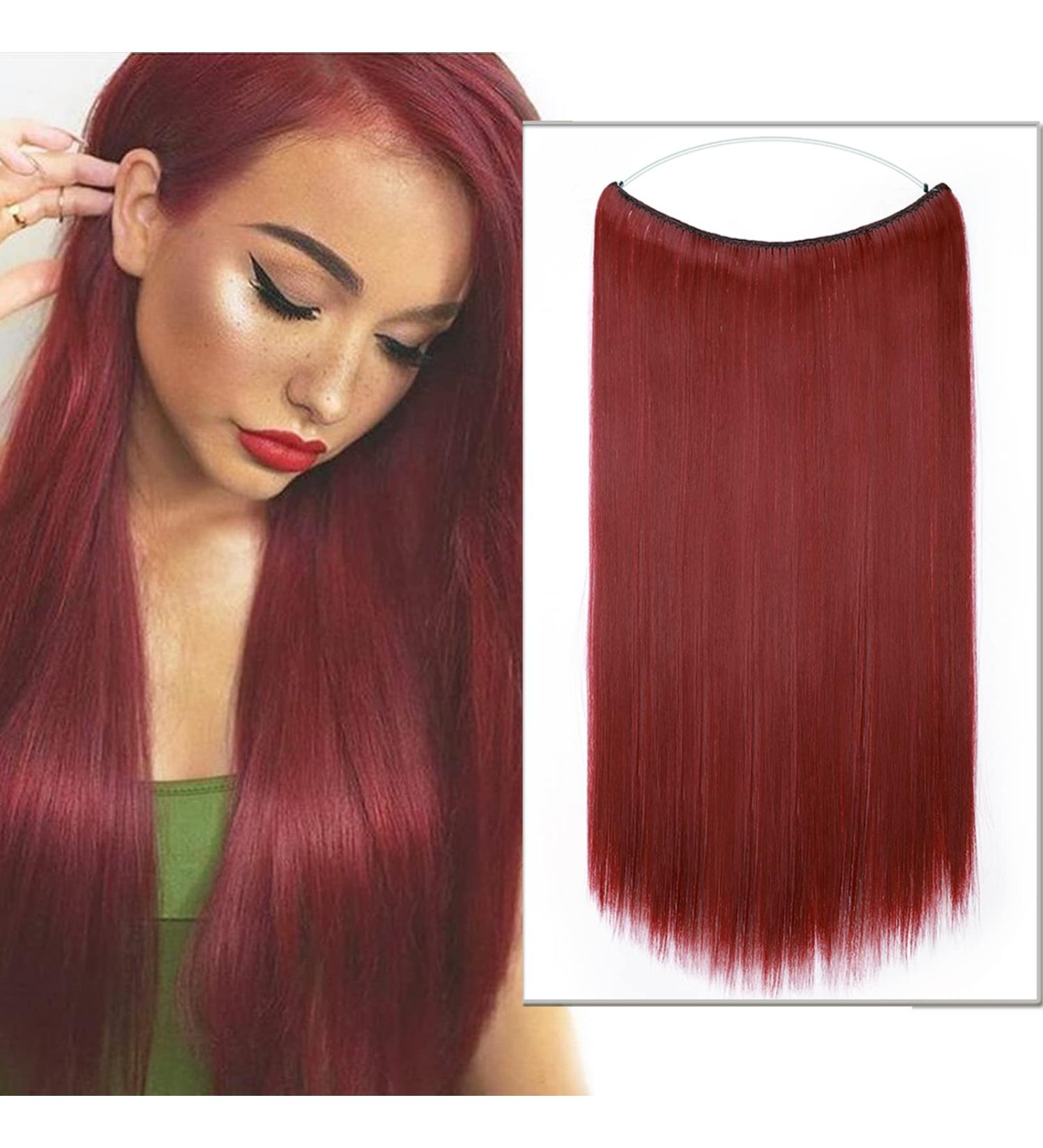 Silk-Co Dark Red Hair Extensions - 50cm Invisible Cord Smooth Synthetic Hair with Rubber Band | Premium Sealing Extensions for Women - Buy Online on GoSupps.com