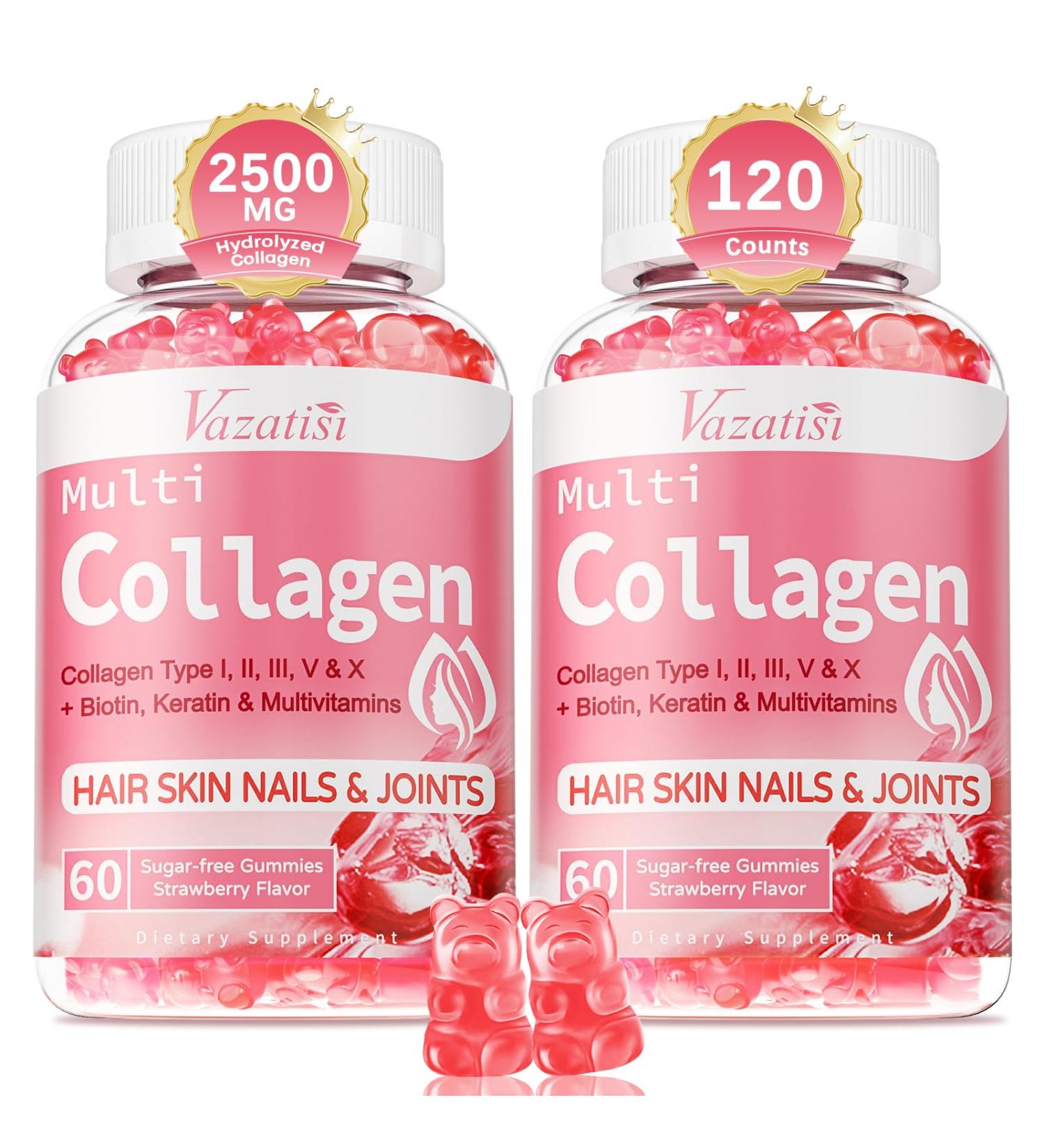 2 Pack Sugar Free Collagen Gummies for Women & Men | Hydrolyzed Collagen Peptides for Hair Skin & Nails | MultiCollagen Protein Type I II III V X with Biotin & Vitamin C | Strawberry Flavor, 120 Count 60 Count (Pack of 2) - Buy Online on GoSupps.com