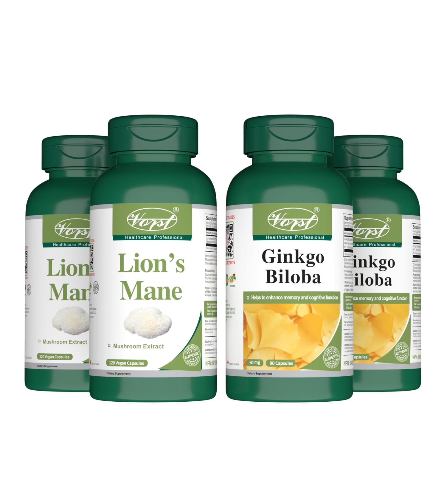 VORST Lion's Mane 120 Vegan Capsules and Ginkgo Biloba 90 Capsules | Combo Bundle 2 x 2 Bottles - Buy Online on GoSupps.com