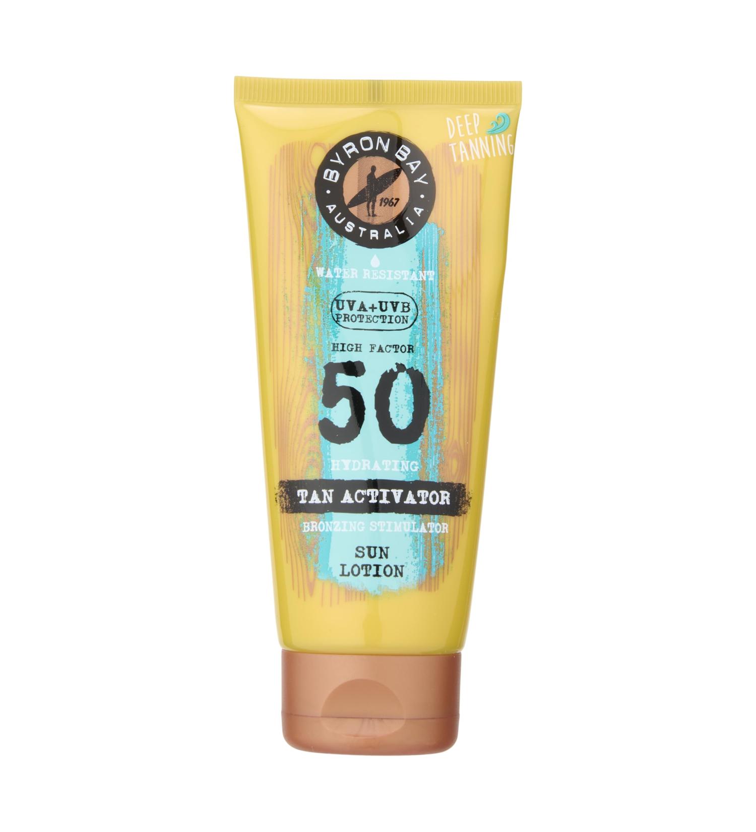 Byron Bay Australia SPF 50 Sun Lotion Travel Tube Bronzing & Tan Activator For A Deeper Tan - UVA & UVB Instant Protection Non-Greasy Water-Resistant No White Marks - Summer Fragrance 100ml - Buy Online on GoSupps.com