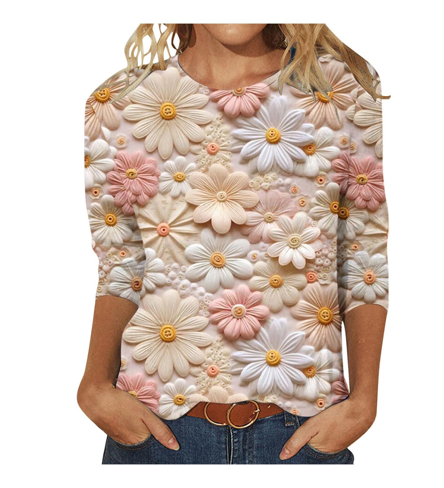 oelaio 3/4 Sleeve Tunic Tops for Women Vintage Sequin Print T-Shirt Floral Plus Size Graphic Tees Womens Fashion 2024 Top Pink#12 X-Large - Buy Online on GoSupps.com