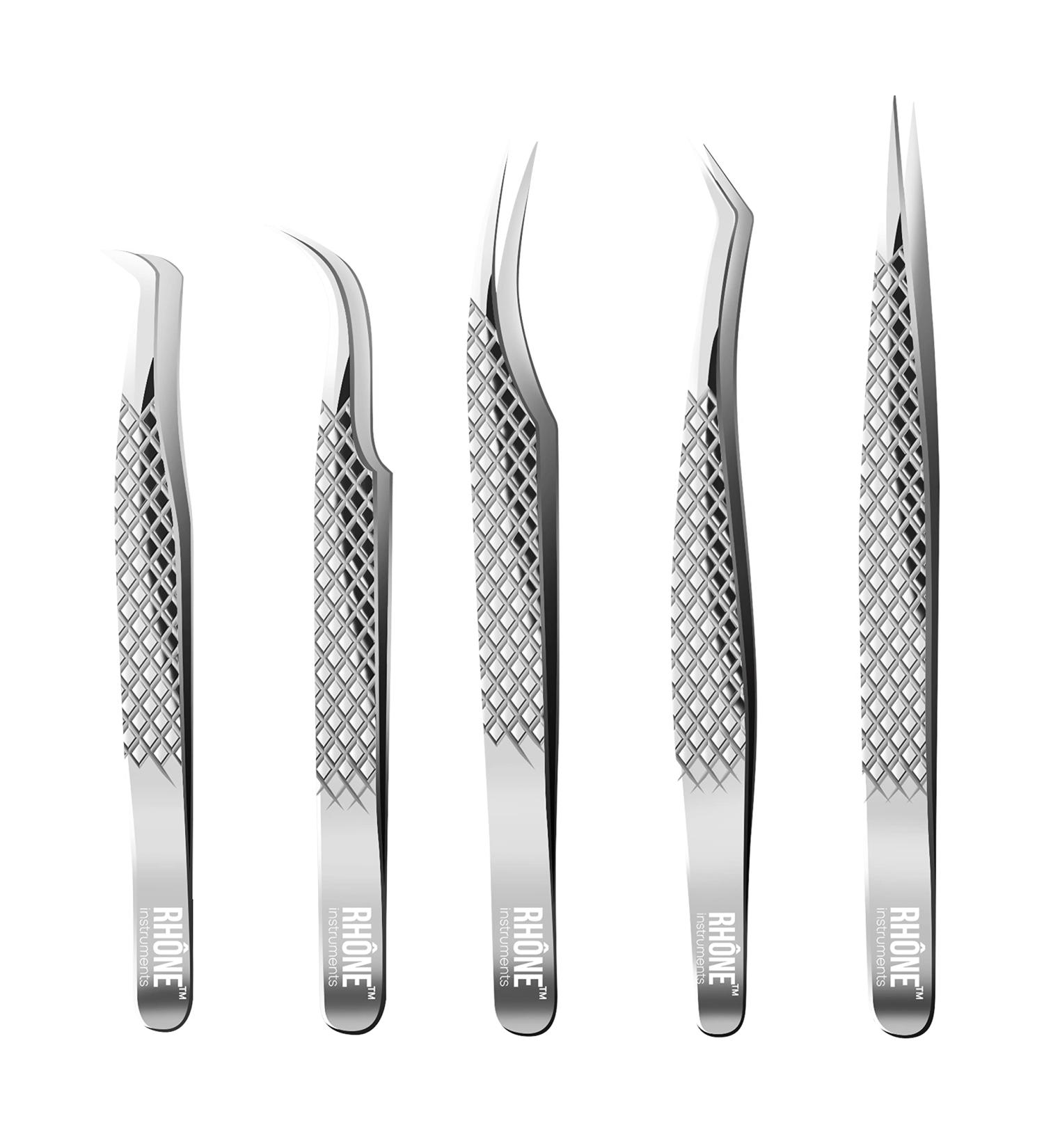 Rh ne Instruments Curved Precision-Tip Tweezer Set - 5-Piece Professional Eyelash Extension Tools - Surgical-Grade Steel Silver/Diamond - Buy Online on GoSupps.com