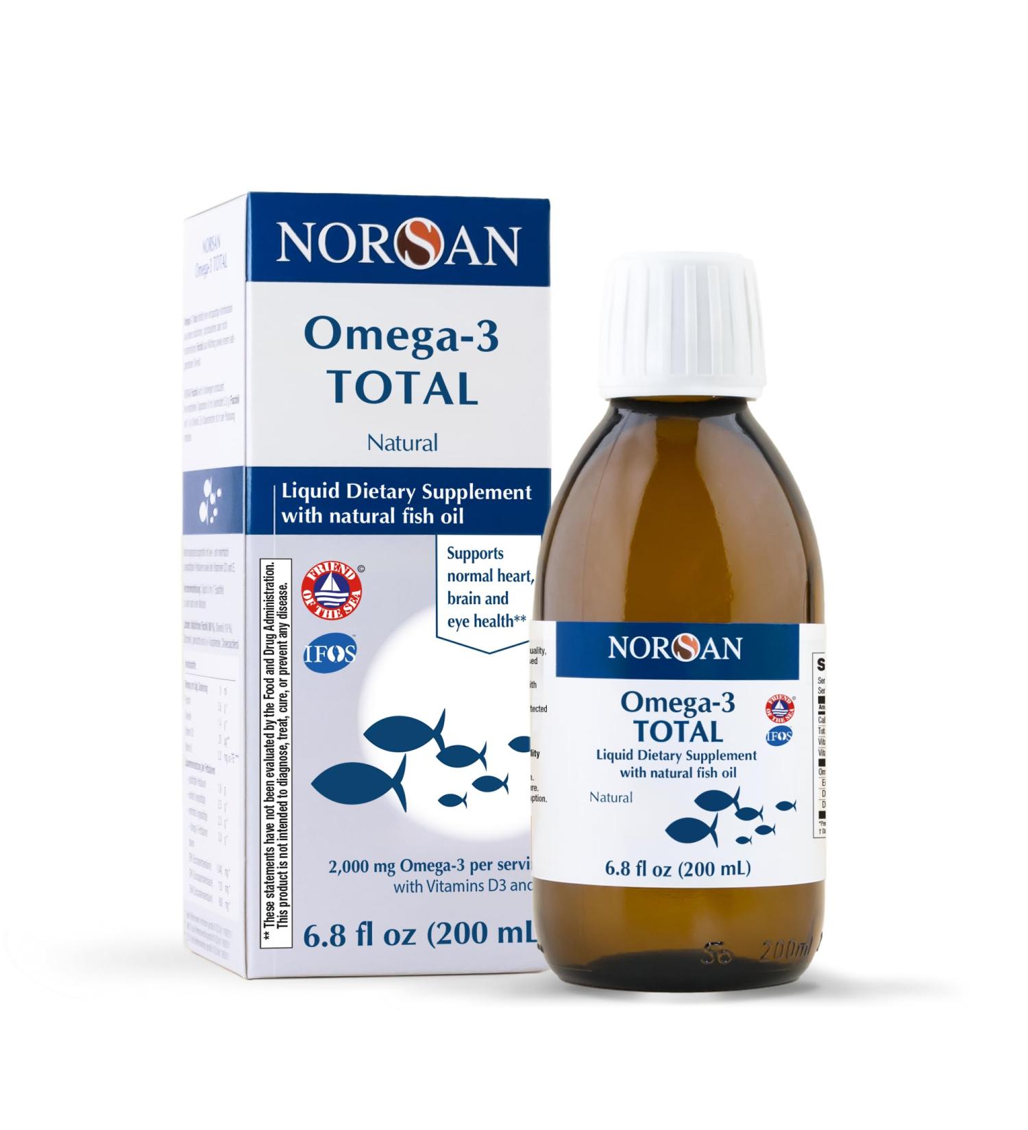 NORSAN Omega-3 Total Liquid Fish Oil High-Dose 2000mg Omega-3 per Serving | Supports Heart Brain & Vision* | Friend of The Sea Certified | 6.8 fl oz Bottle (200ml) Unflavored - Buy Online on GoSupps.com