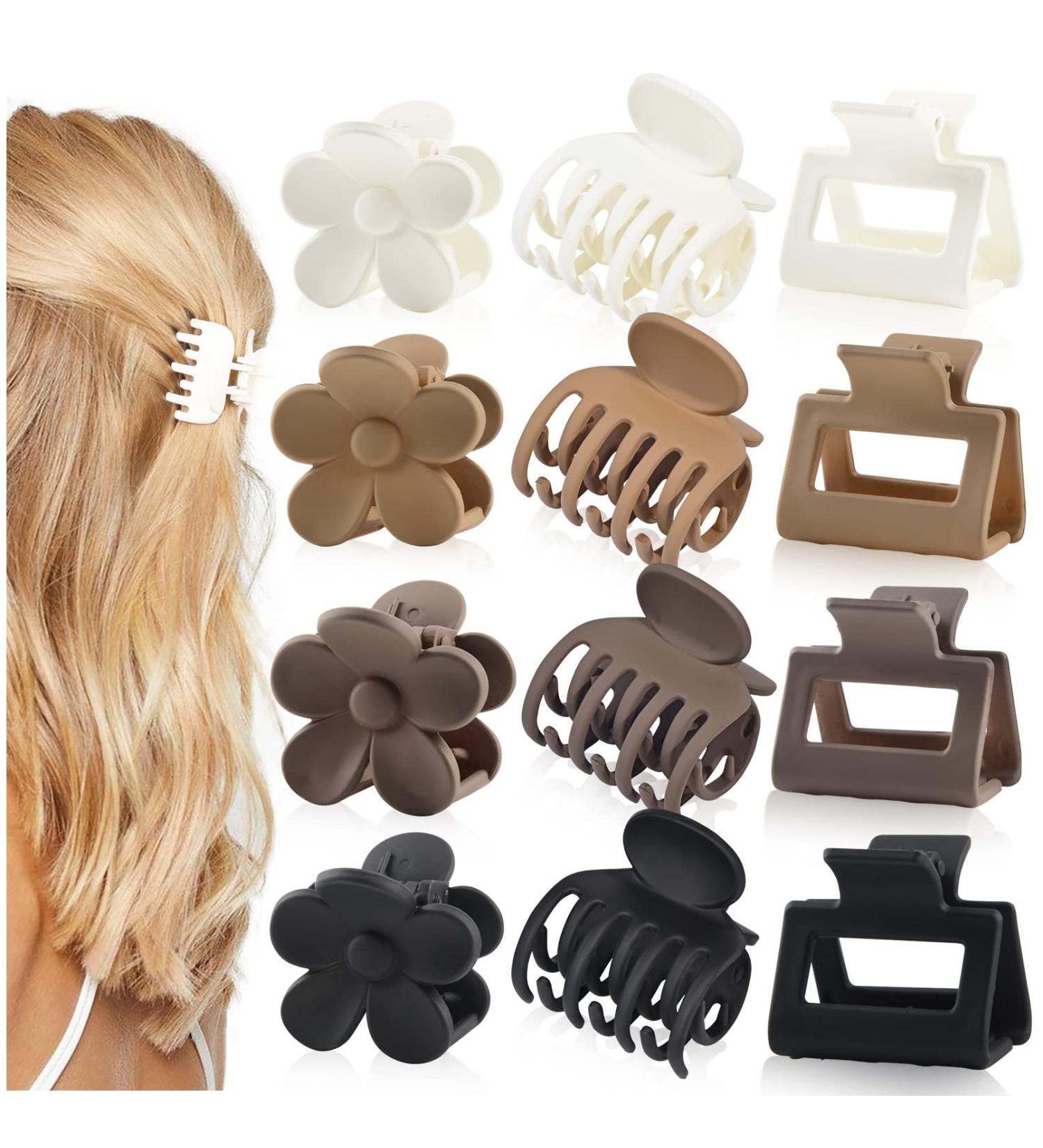 DEEKA 12 PCS Small Hair Clips Set - Double Row Teeth Hair Claw Clips for Thin Short Hair - Flower Matte Rectangle Clips - Women and Girls Accessories - 1.5 Inch (Pack of 12) - Black Brown White - Buy Online on GoSupps.com