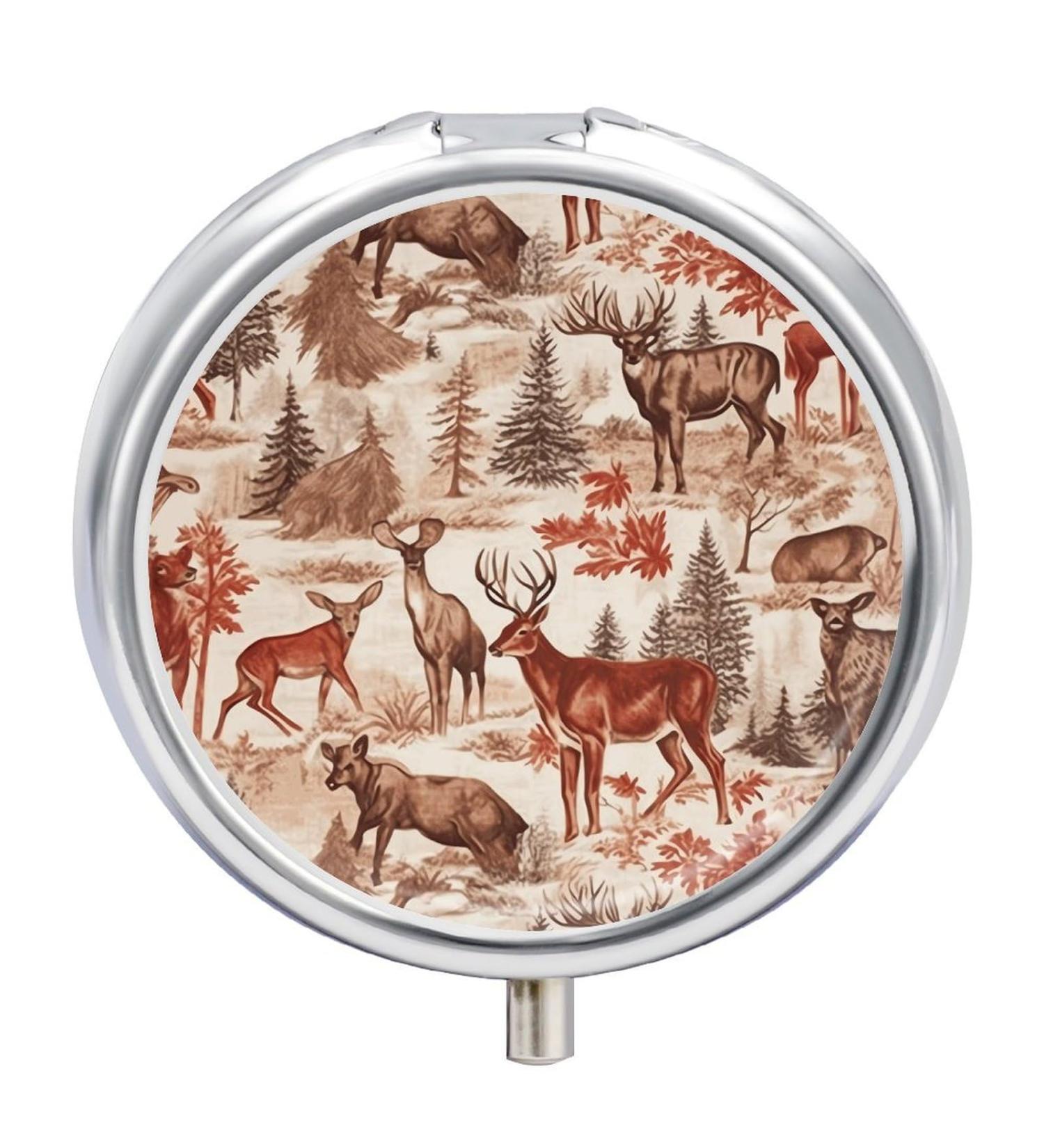 Round Animal Wilderness Pill Box | Bear & Deer Print | 3 Compartment Portable Medicine Organizer - Buy Online on GoSupps.com