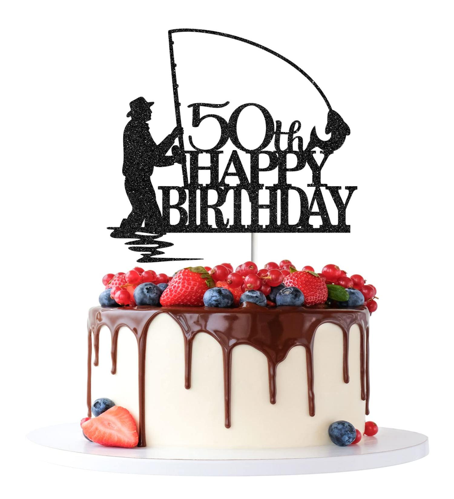 Tenhaisi Black Glitter Happy 50th Birthday Cake Topper 50th Birthday Party Decorations Fishing Cake Topper Fisherman 50th Birthday Party Supplies - Buy Online on GoSupps.com