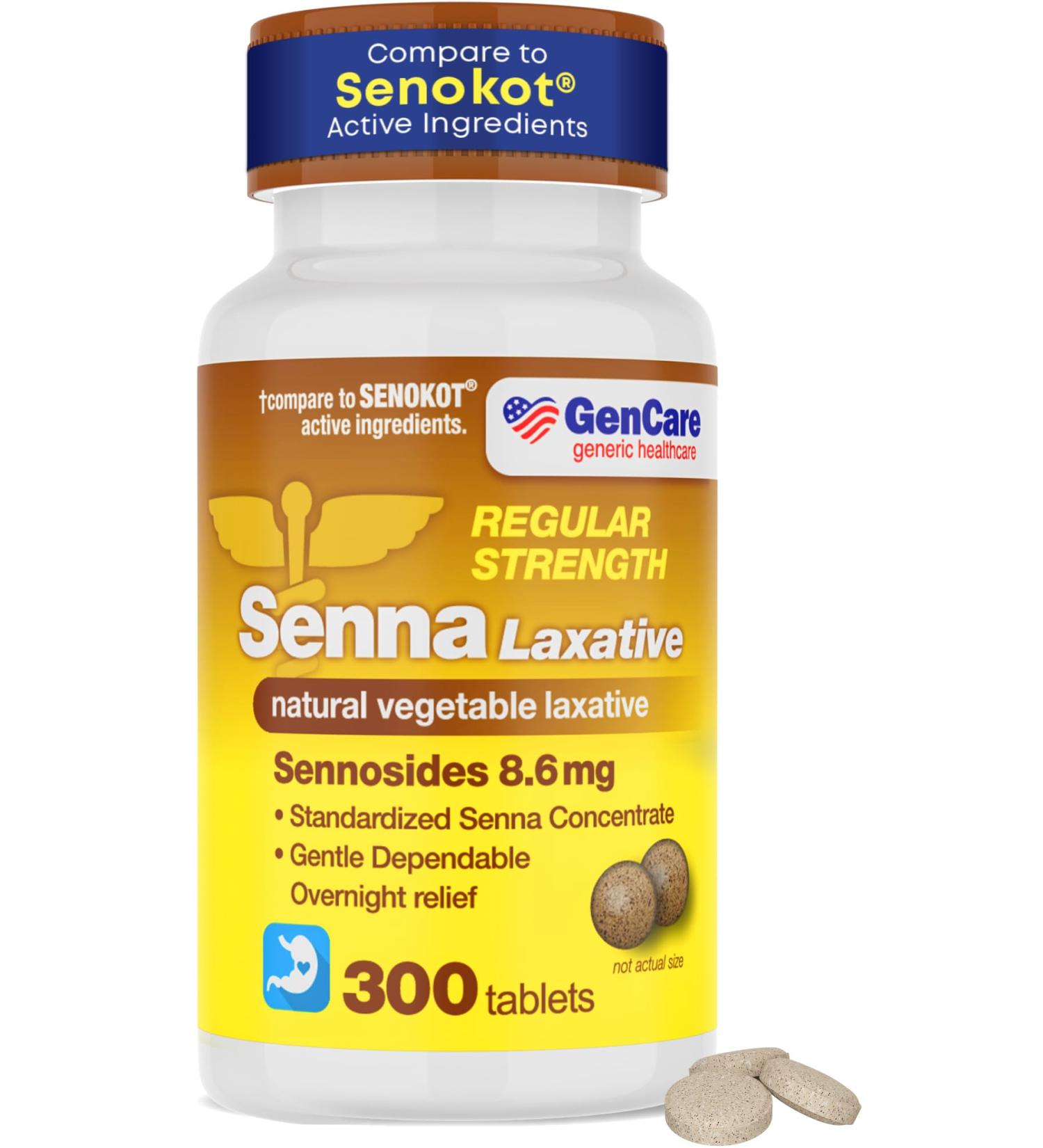 GenCare Senna Laxative 300 Tablets Senna 8.6mg Tablets with Natural Sennosides | Laxatives for Constipation Bloating Gas & Irregularity Relief. Safe & Effective | Generic for Senokot 300 Count (Pack of 1) - Buy Online on GoSupps.com