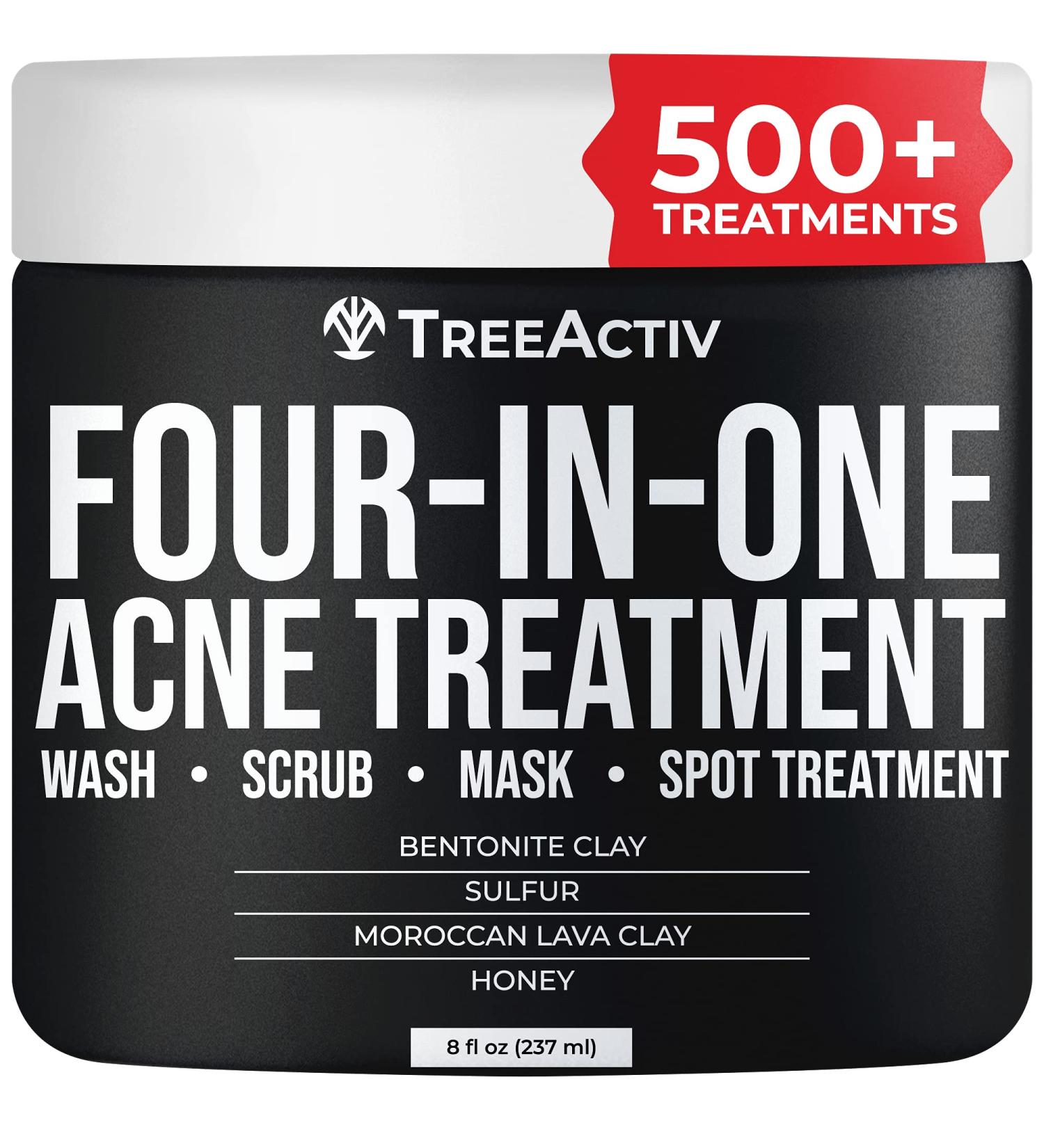 TreeActiv Four-in-One Acne Treatment 8 Fl Oz - Exfoliating Sulfur Face Wash, Bentonite Clay Mask, Spot Treatment, Pore Scrub for Adults, Teens, Women, Men - 500+ Treatments - Buy Online on GoSupps.com