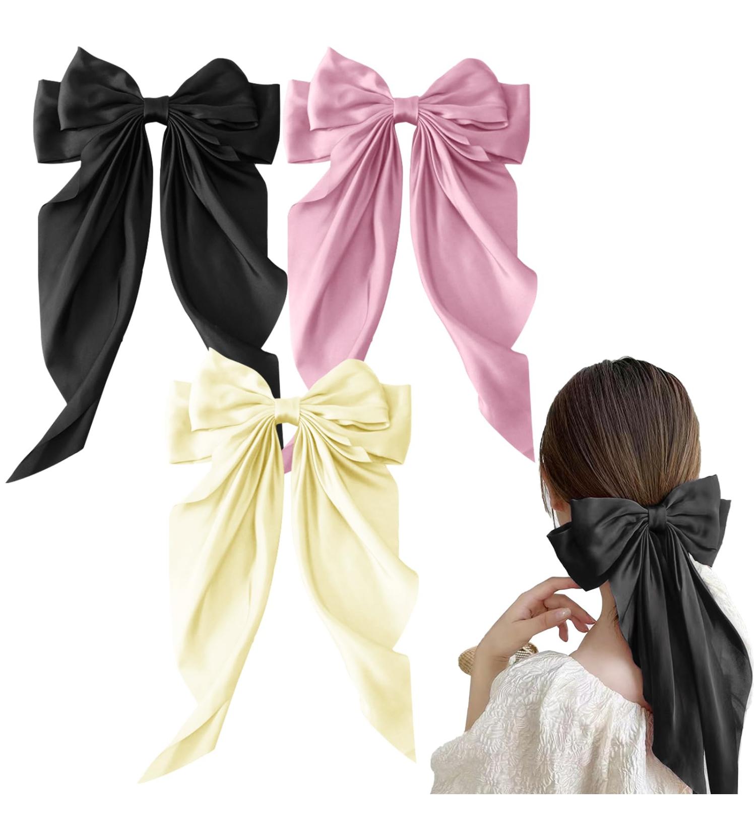 3 PCS Big Bow Hair Clips Beige+ Pink + Black Hair Bow Solid Color Hair Bow French Bowknot Hairpin Hair Clip with Long Silky Satin Tail Large Hair Bows for Women and Girls - Buy Online on GoSupps.com