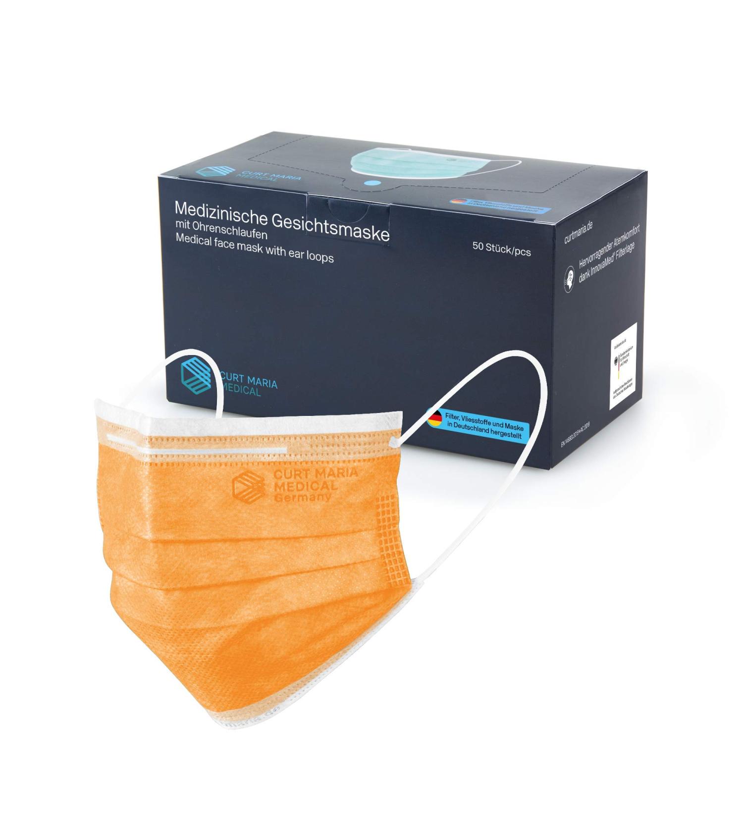 Curt Maria Medical 50-Pack 3-Layer Face Masks Made in Germany - Disposable Orange Mouth Protection with Ear Loops for International Shipping - Buy Online on GoSupps.com