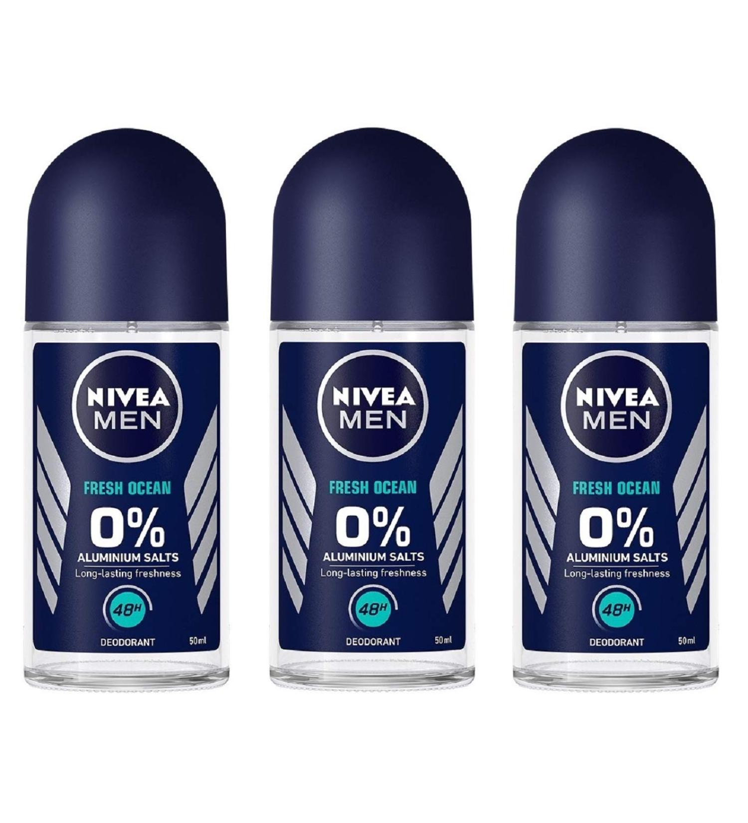 Nivea FRESH OCEAN Men's Roll On Deodorant - Pack of 3 Bottles (1.7oz/50ml Each) - Aluminium-Free - Buy Online on GoSupps.com