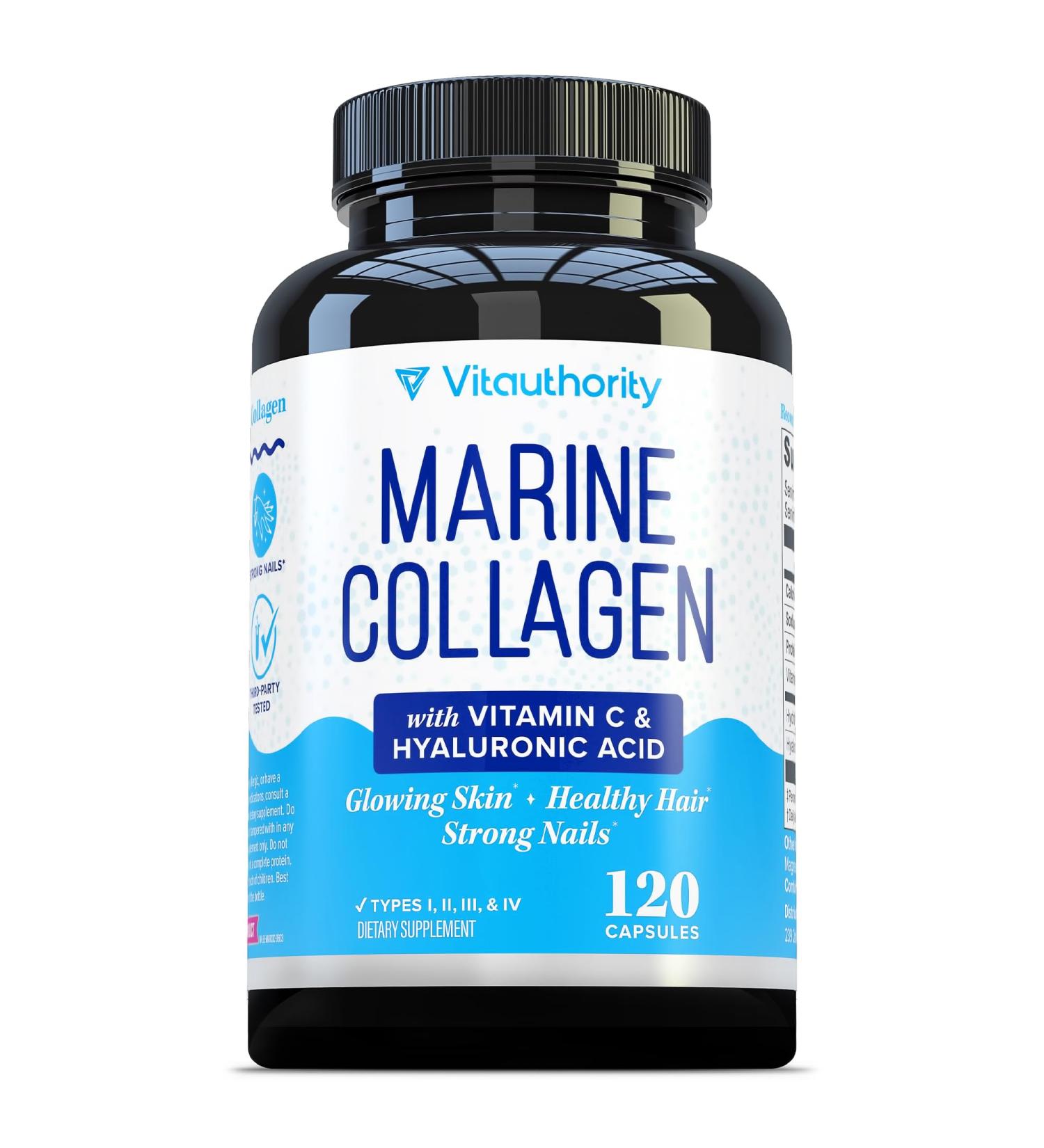 Marine Collagen Capsules Hyaluronic Acid & Vitamin C | 2 000mg Hydrolyzed Fish Collagen Peptides per Serving | Skin Elasticity Hydration Hair Nail & Joint Support | Pescatarian-Friendly 30 Servings - Buy Online on GoSupps.com