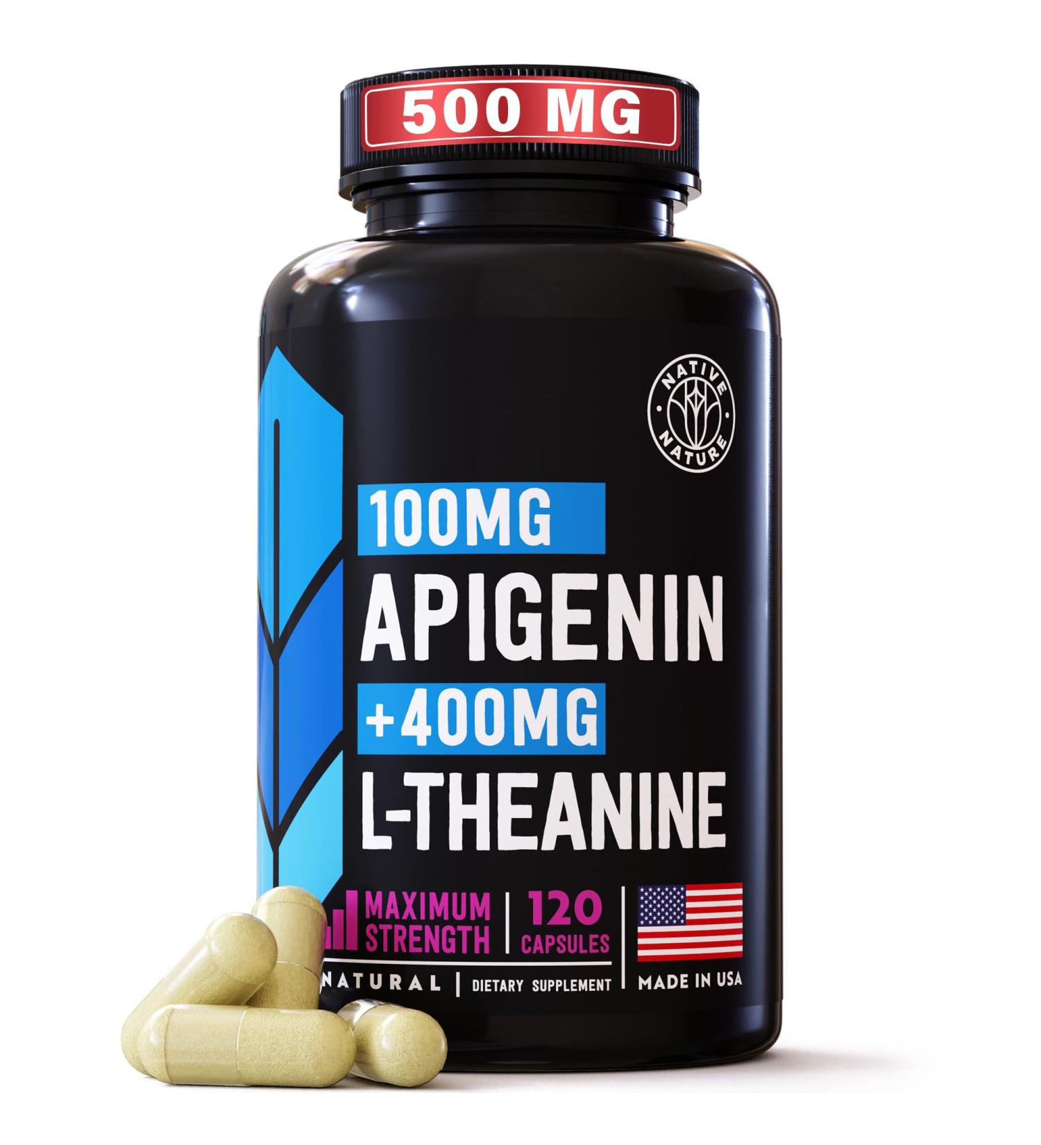 Apigenin with L Theanine supplement - 500mg - Apigenin Supplement for Sleep Relaxation & Mood - Powerful Bioflavonoid & Antioxidants Found in Chamomile Tea - 120 Vegan caps. NON- GMO. Made in USA - Buy Online on GoSupps.com