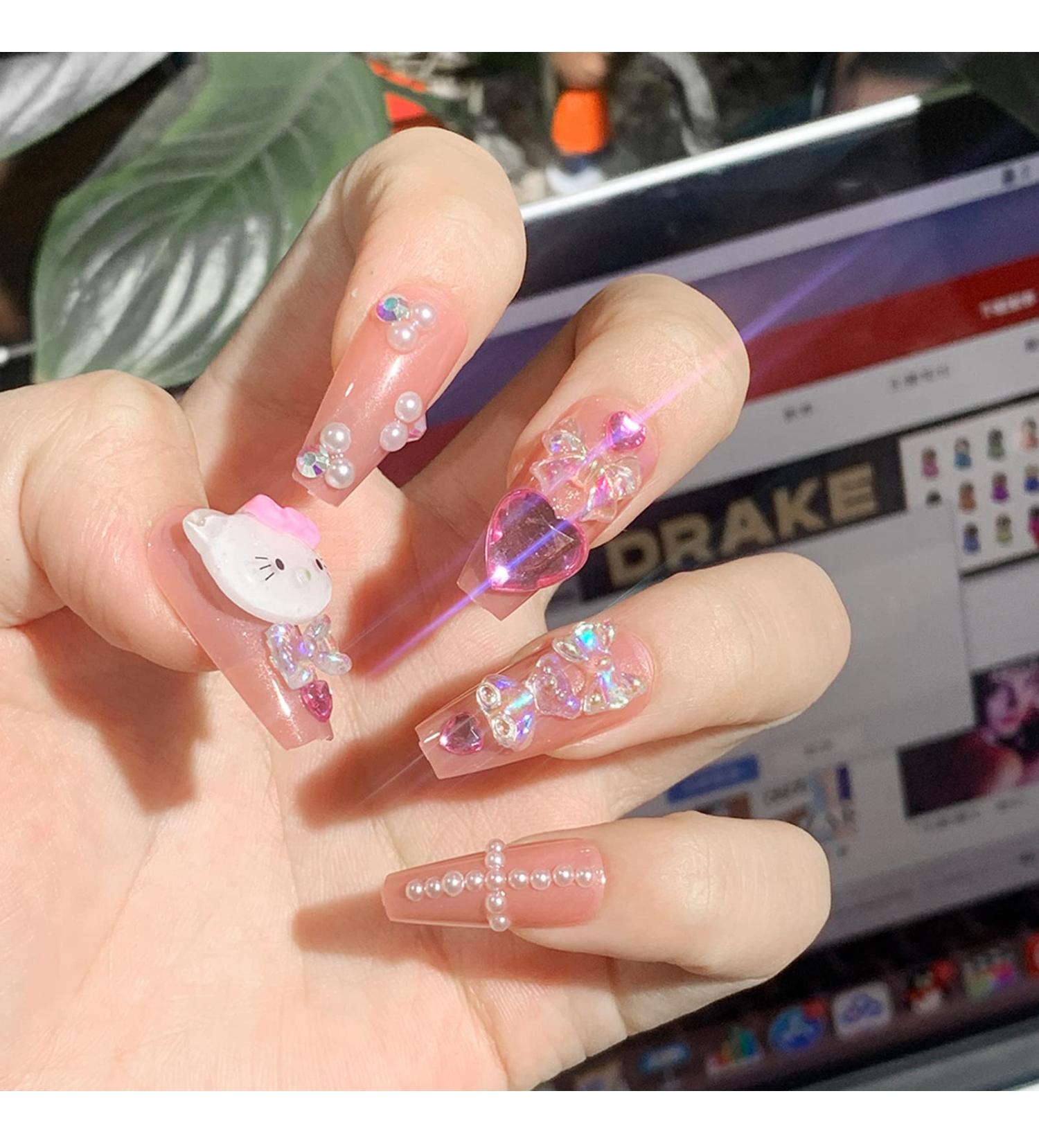 Long Acrylic Stick on Nails - 24pcs Nude Pink Black Coffin Design Fake Nails with Glue Sticker - Fashion Nail Tips for Women and Girls (Kitty) - Buy Online on GoSupps.com
