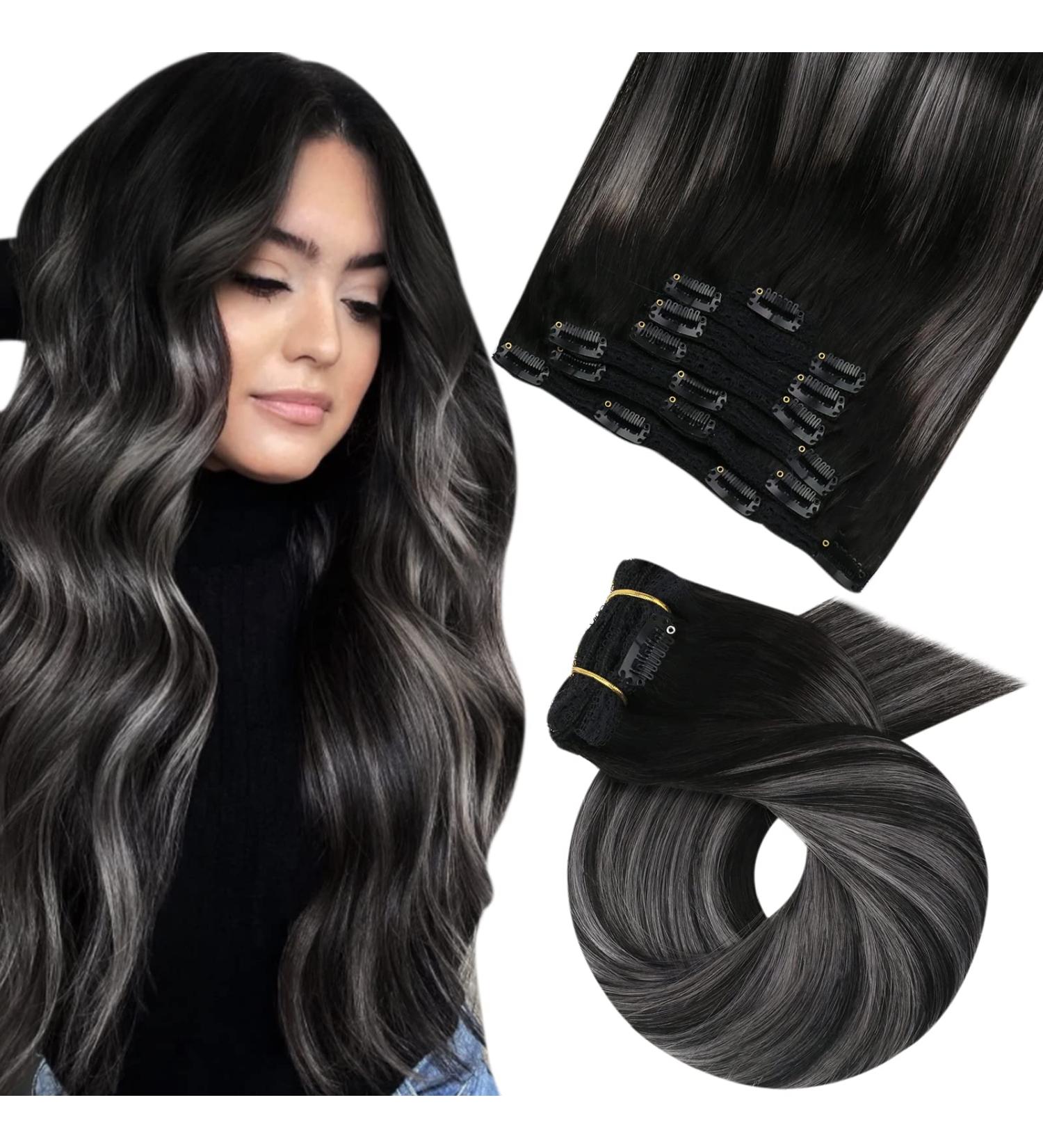 Moresoo Balayage Black Silver Clip in Human Hair Extensions | Ombre 24 Inch 7 Pieces/120g - Buy Online on GoSupps.com
