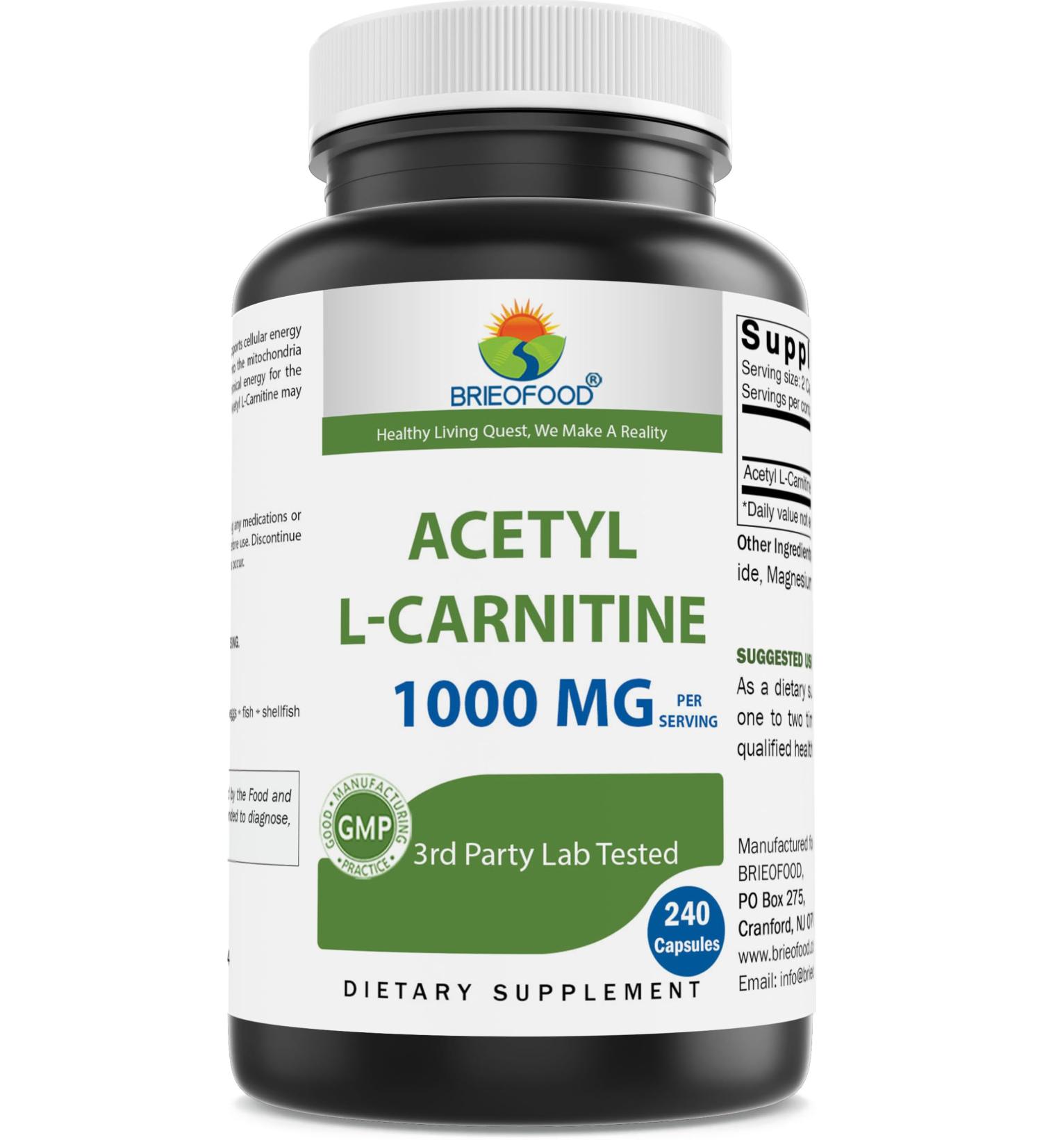 Brieofood Acetyl L-Carnitine 1000 mg Per Serving- 240 Capsules. Gluten-Free Non-GMO.