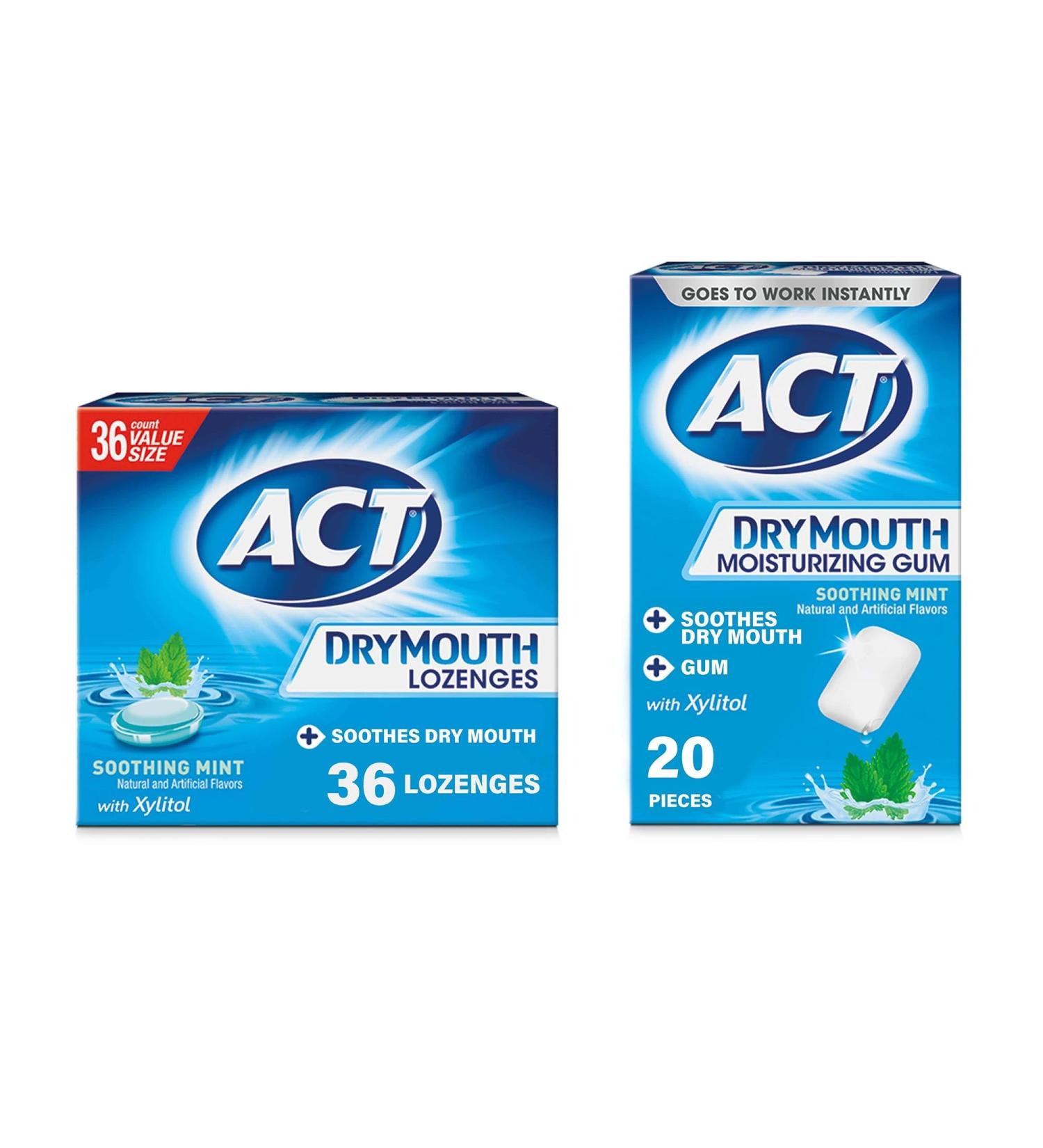 ACT Dry Mouth Moisturizing Gum 20 Pieces With Xylitol Sugar Free Soothing Mint and ACT Dry Mouth Lozenges with Xylitol Soothing Mint 36 Lozenges - Buy Online on GoSupps.com