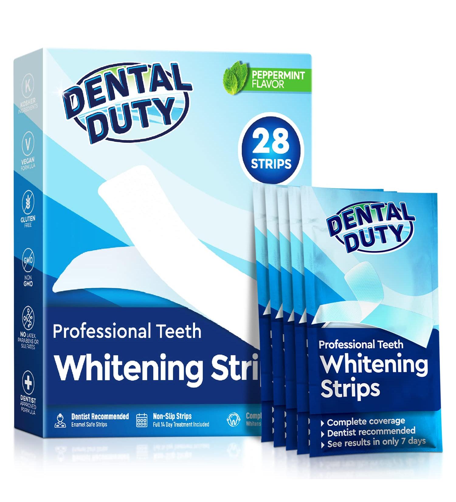 Dental Duty Sensitive Teeth Whitening Strips - Vegan Stain Remover for Coffee & Tea Stains - 28 Strips for a Brighter Smile with One Application - Buy Online on GoSupps.com