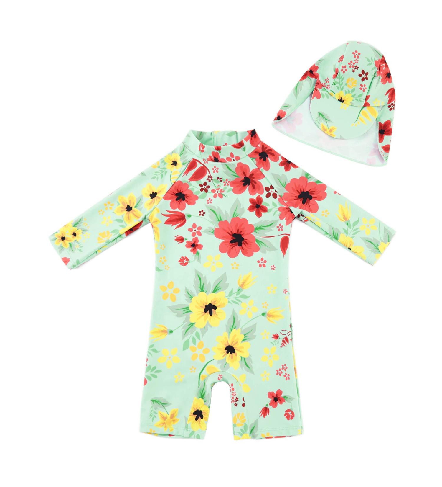 UPF 50+ Baby Girl One Piece Swimsuit with Sun Hat | Toddler Swimwear 12-18 Months | Light Green - Buy Online on GoSupps.com