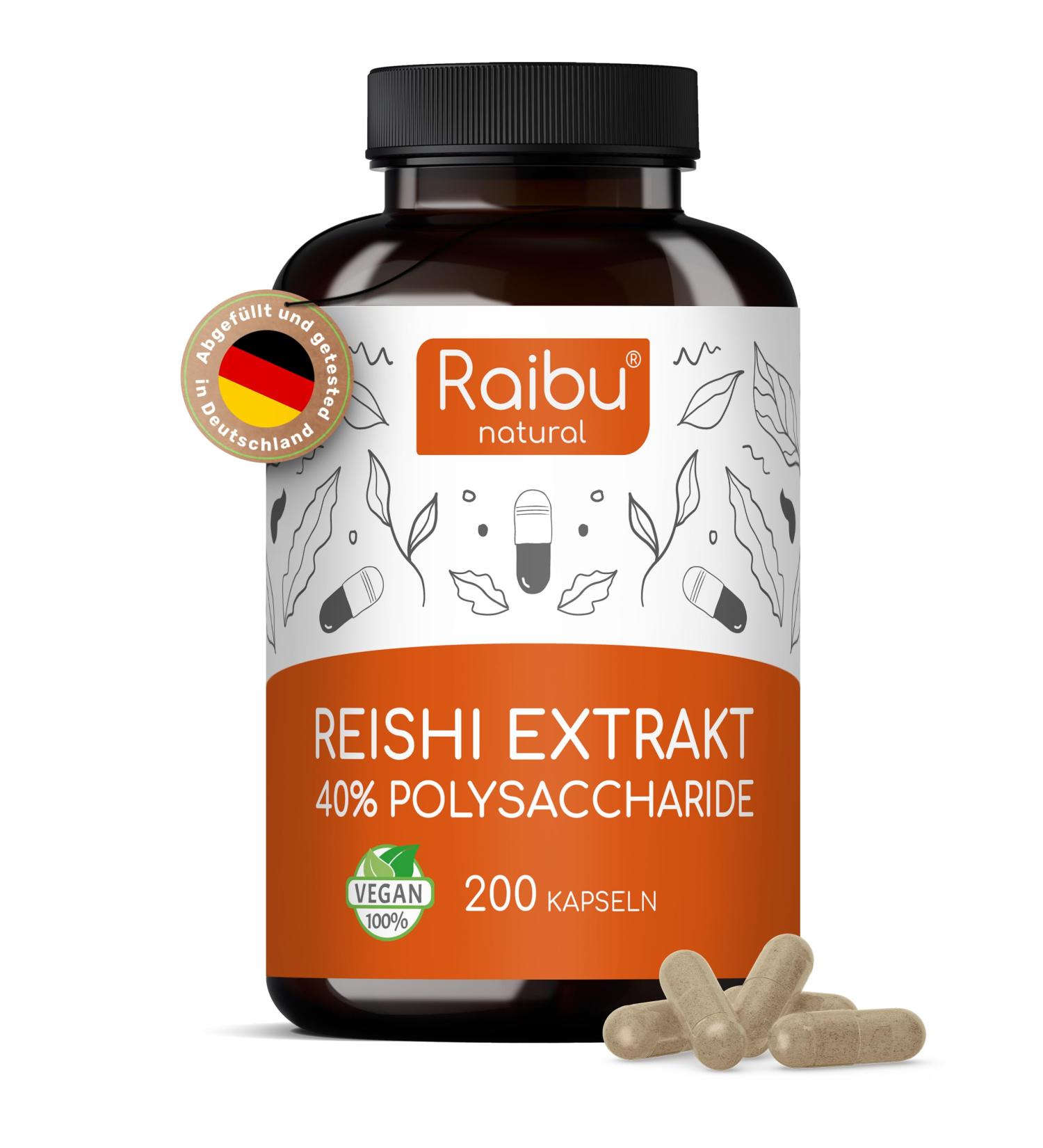 Reishi Mushroom Extract 200 Capsules - High Dose 40% Polysaccharides - Vegan & Lab Tested - Premium Quality | Raibu - Buy Online on GoSupps.com