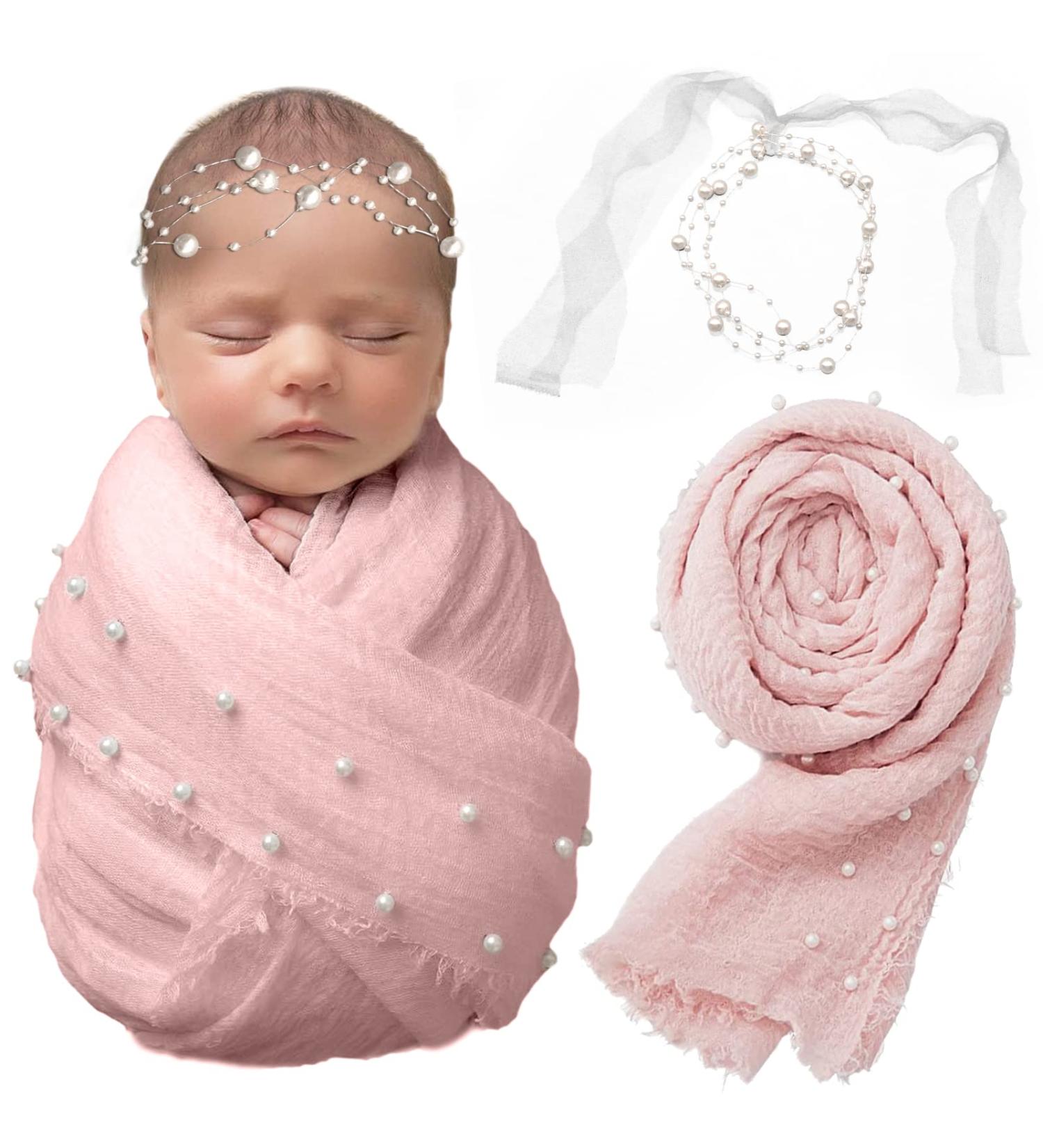 Spokki 2PCS Baby Props Photography Wrap Kit - Handmade Pearl Wrap Blanket with Headband | Newborn Outfits for Photography - Pink | 35.5 X 67 inch - Buy Online on GoSupps.com