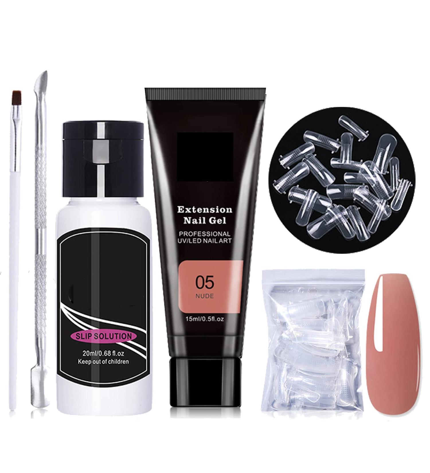 Nude Polygel Nail Kit for Beginners | Builder Gel Extension Starter Kit with Slip Solution & Nail Tips | Poly Extension Gel in Dark Nude - Cure By Lamp - Buy Online on GoSupps.com