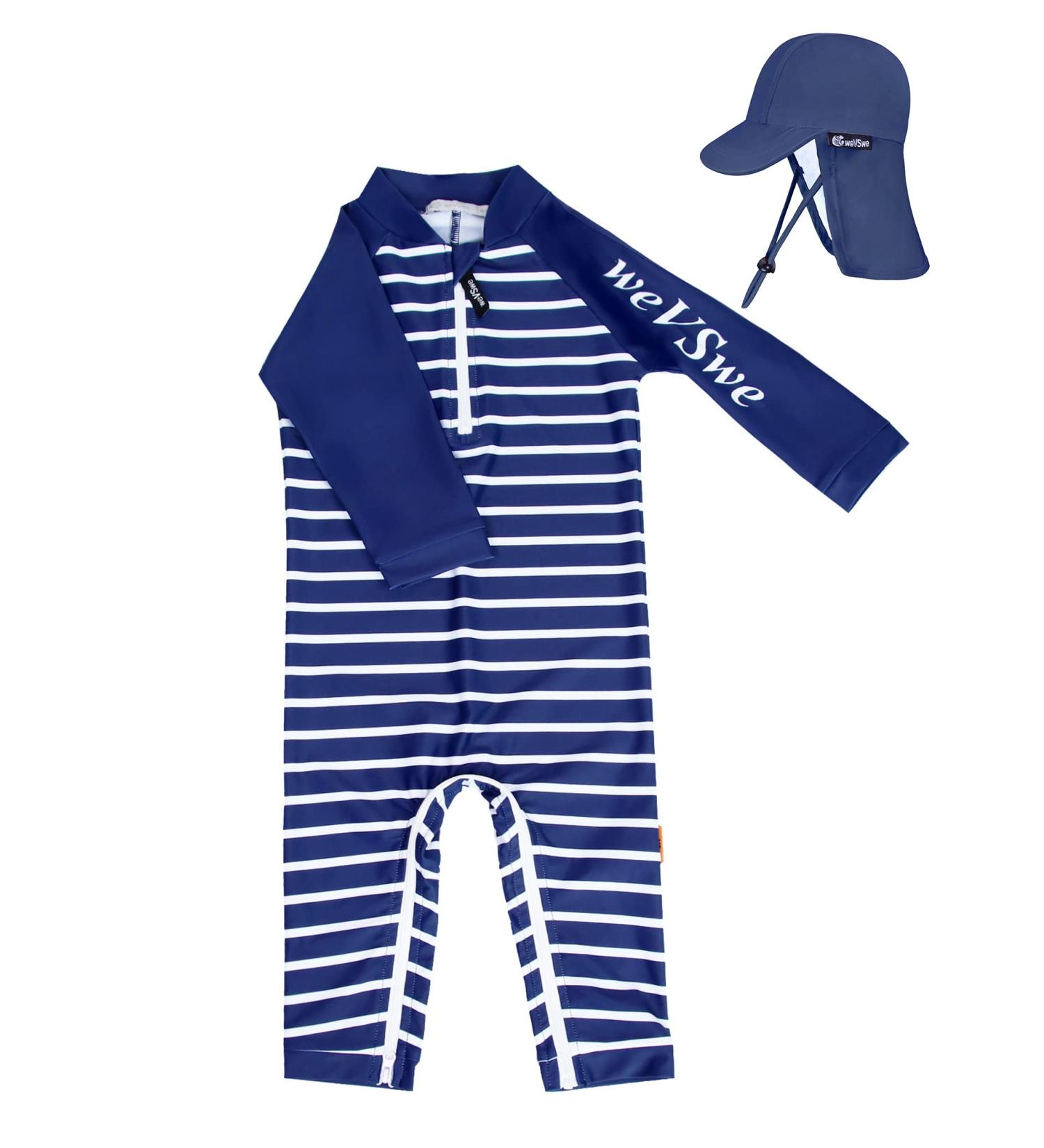 weVSwe Baby Toddler Boy Swimsuit UPF 50+ Sun Protection Rash Guard with Crotch Zipper | 18-24 Months | Stripes Navy Blue - Buy Online on GoSupps.com