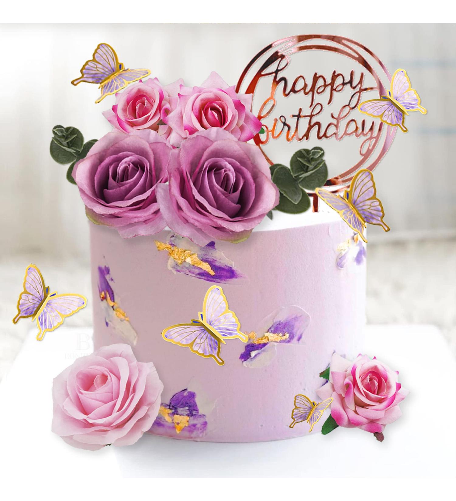 19 PCS Flower Cake Toppers | Butterfly Cake Decorations | Happy Birthday Toppers with Artificial Roses and Eucalyptus | Wedding Baby Shower Supplies (Purple) - Buy Online on GoSupps.com
