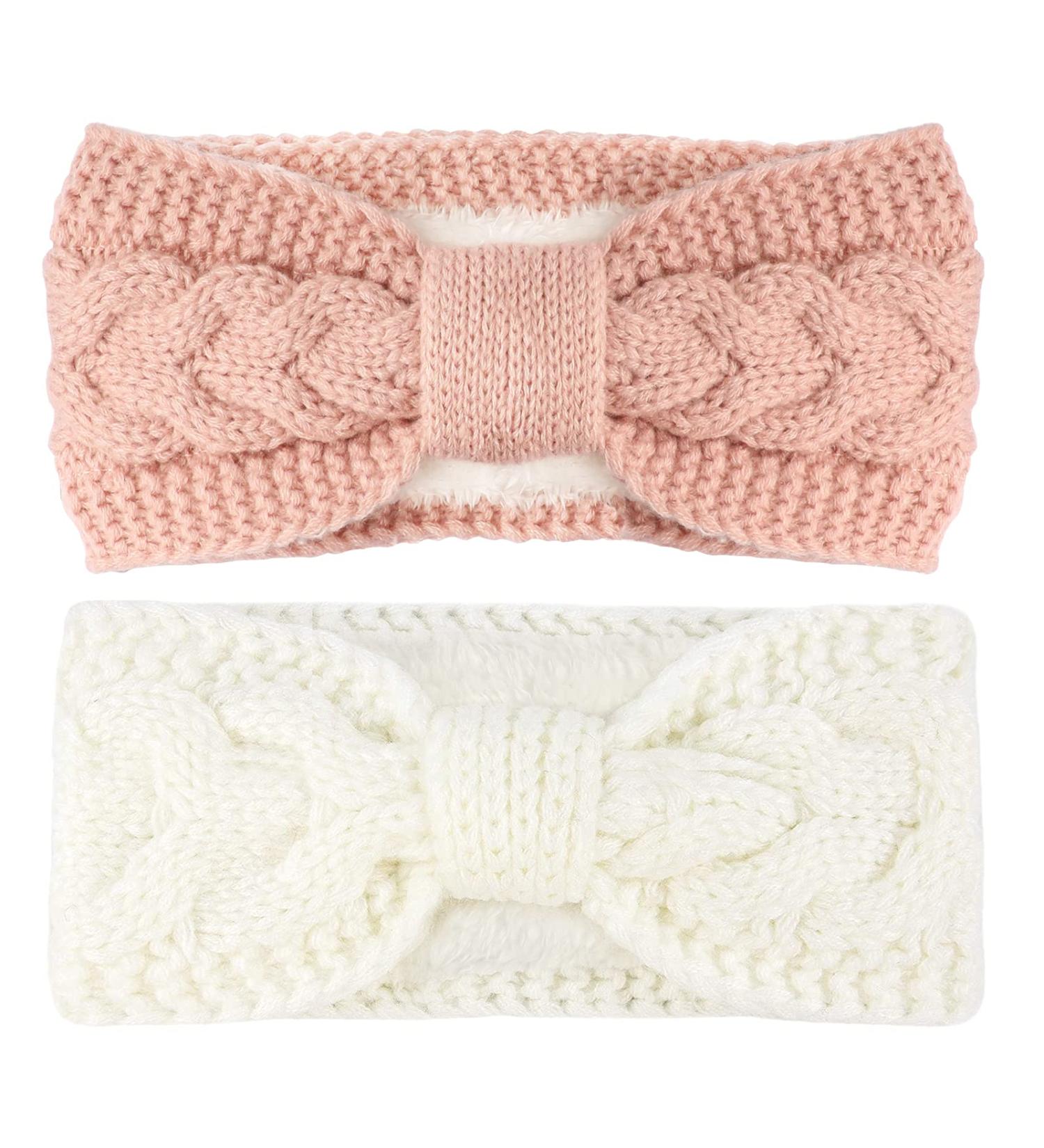 Telgoner Winter Headband for Women - 2 Pack Knitted Ear Warmers Elastic Hair Bands for Girls (White + Pink) - Buy Online on GoSupps.com