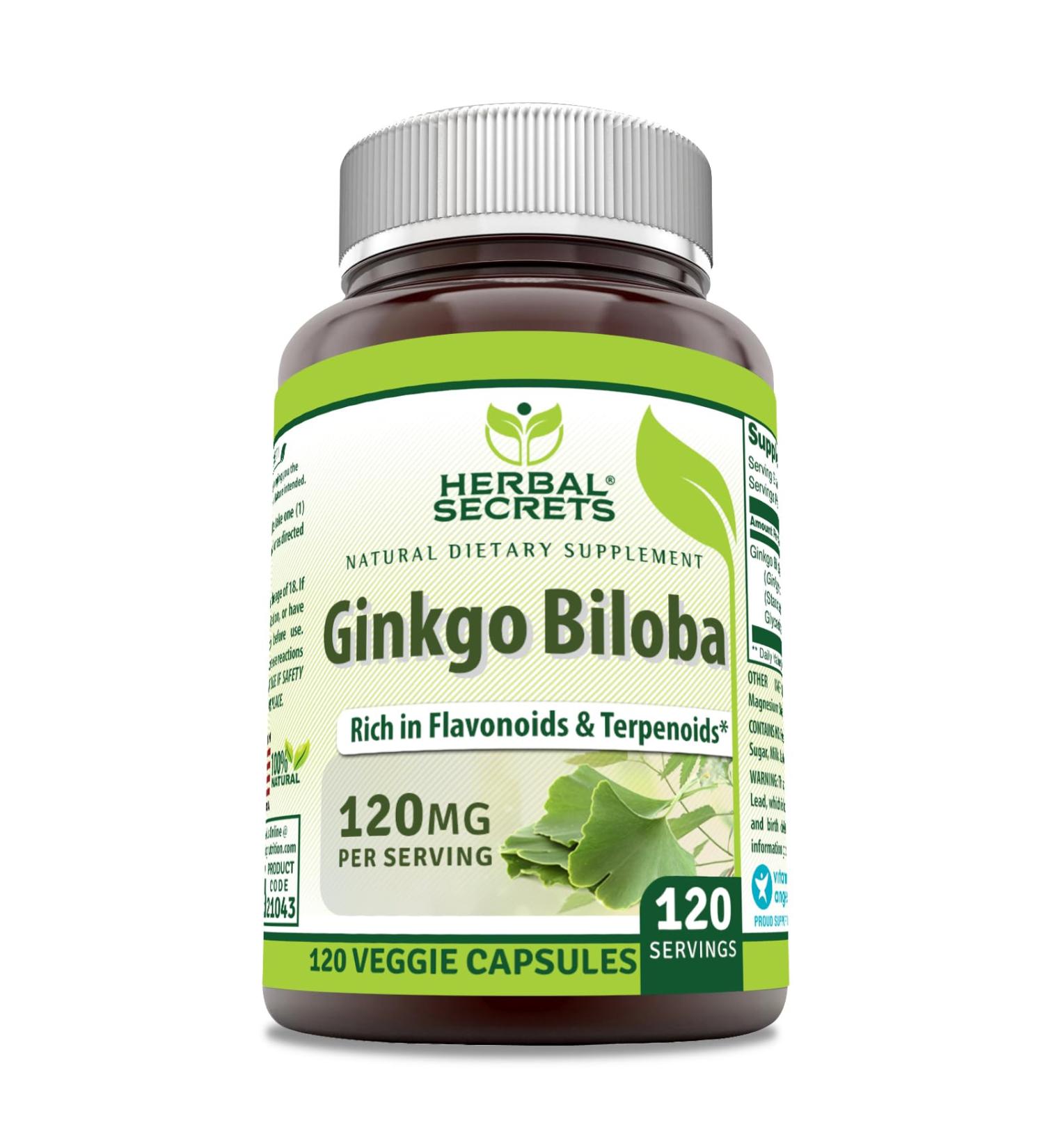 Herbal Secrets Ginkgo Biloba Supplement 120mg 120 Capsules | Standardized to Contain 24% Ginkgo Flavone Glycosides | Non-GMO | Gluten Free | Made in USA