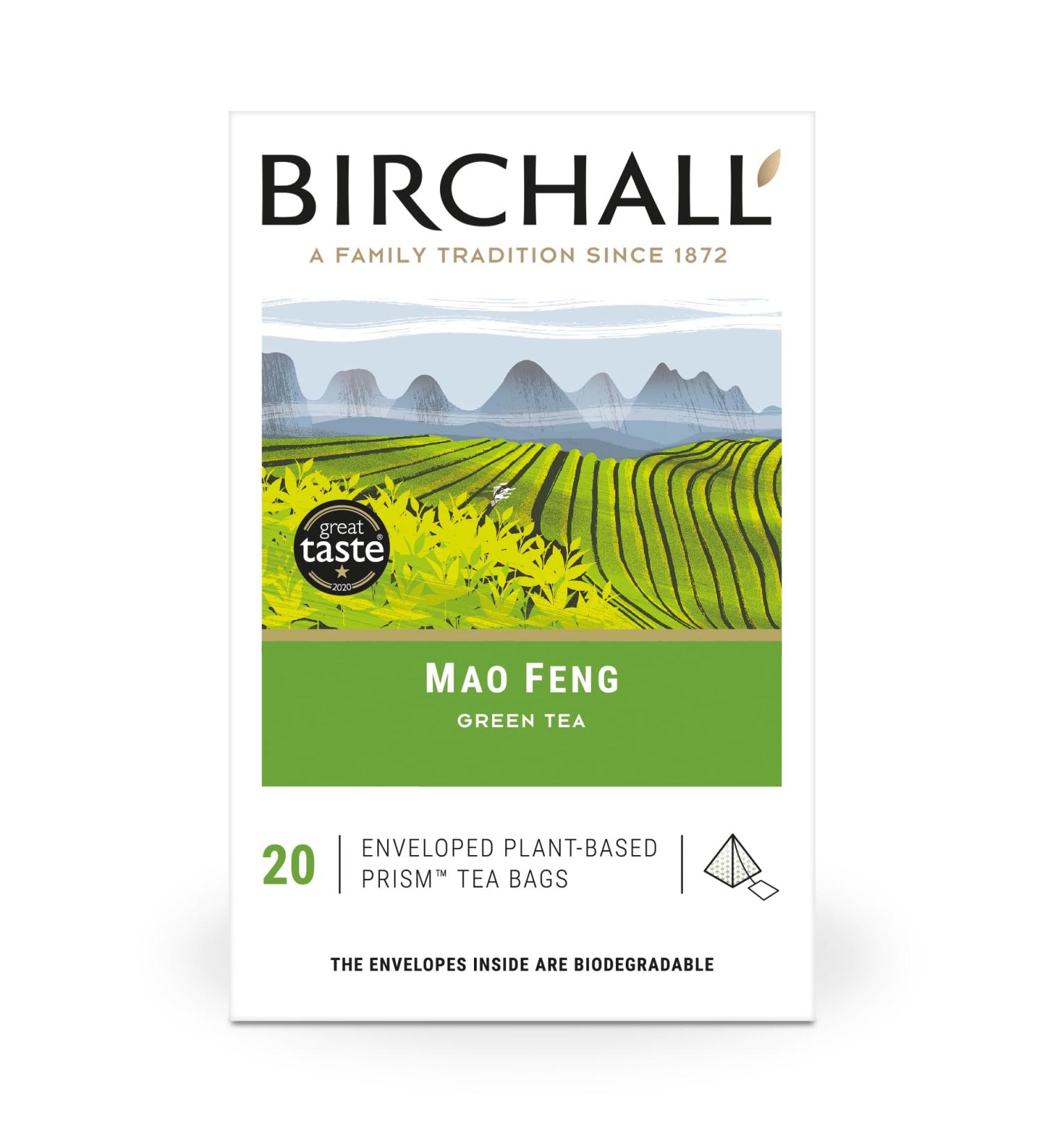 Birchall Tea - Mao Feng Green Tea - 6 Boxes of 20 Plant-Based Prism Tea Bags - Experience the Rich and Delicate Flavor of Healthful and Nutritious Brew for Every Day