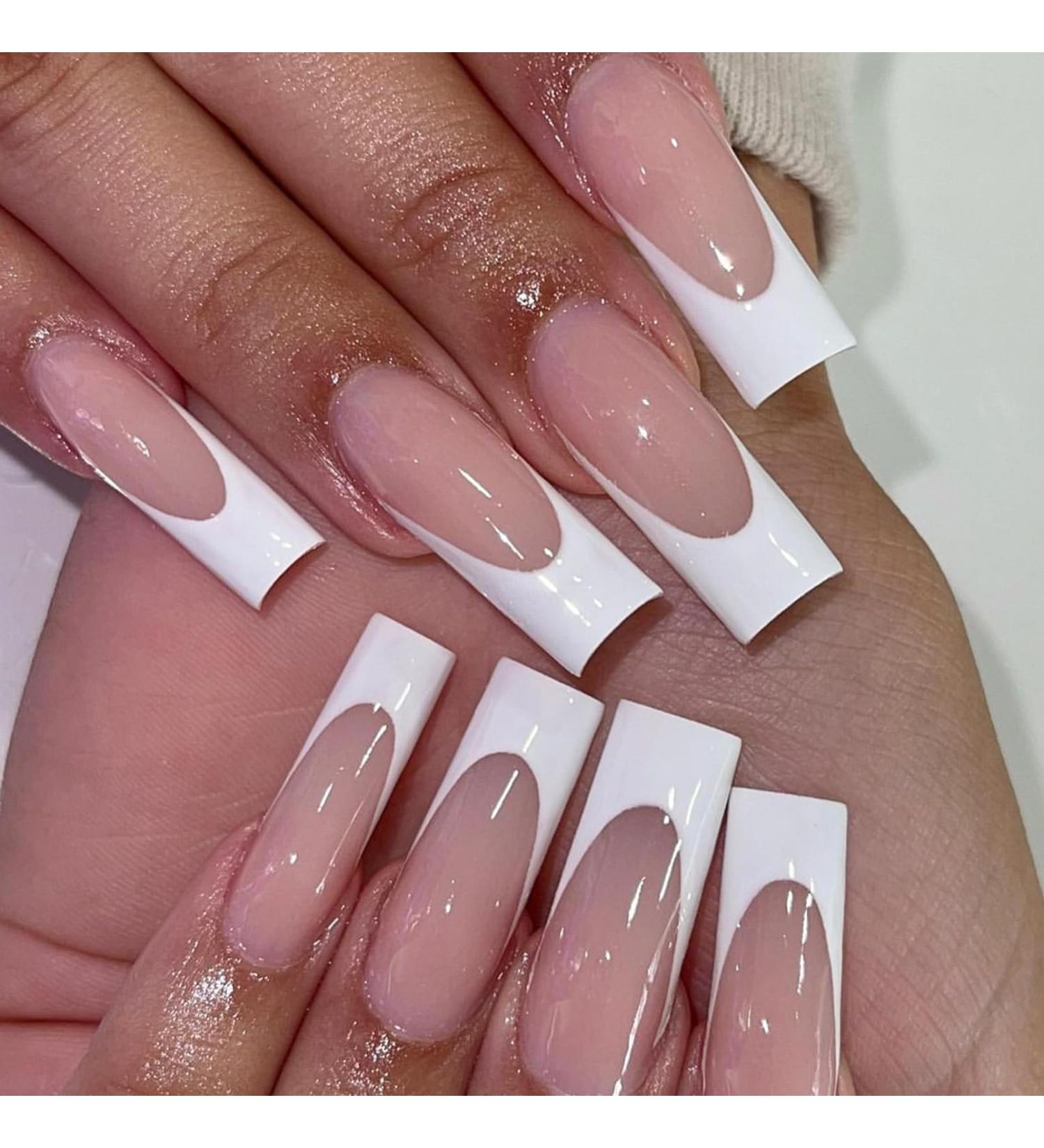 DMQ French False Nails Long 24Pcs Coffin Fake Nails White French Press on Nails Nude Pink French Nail Tips with Glue Full Cover Stick on Nails for Women Girls Nails Art French Extra Long - Buy Online on GoSupps.com