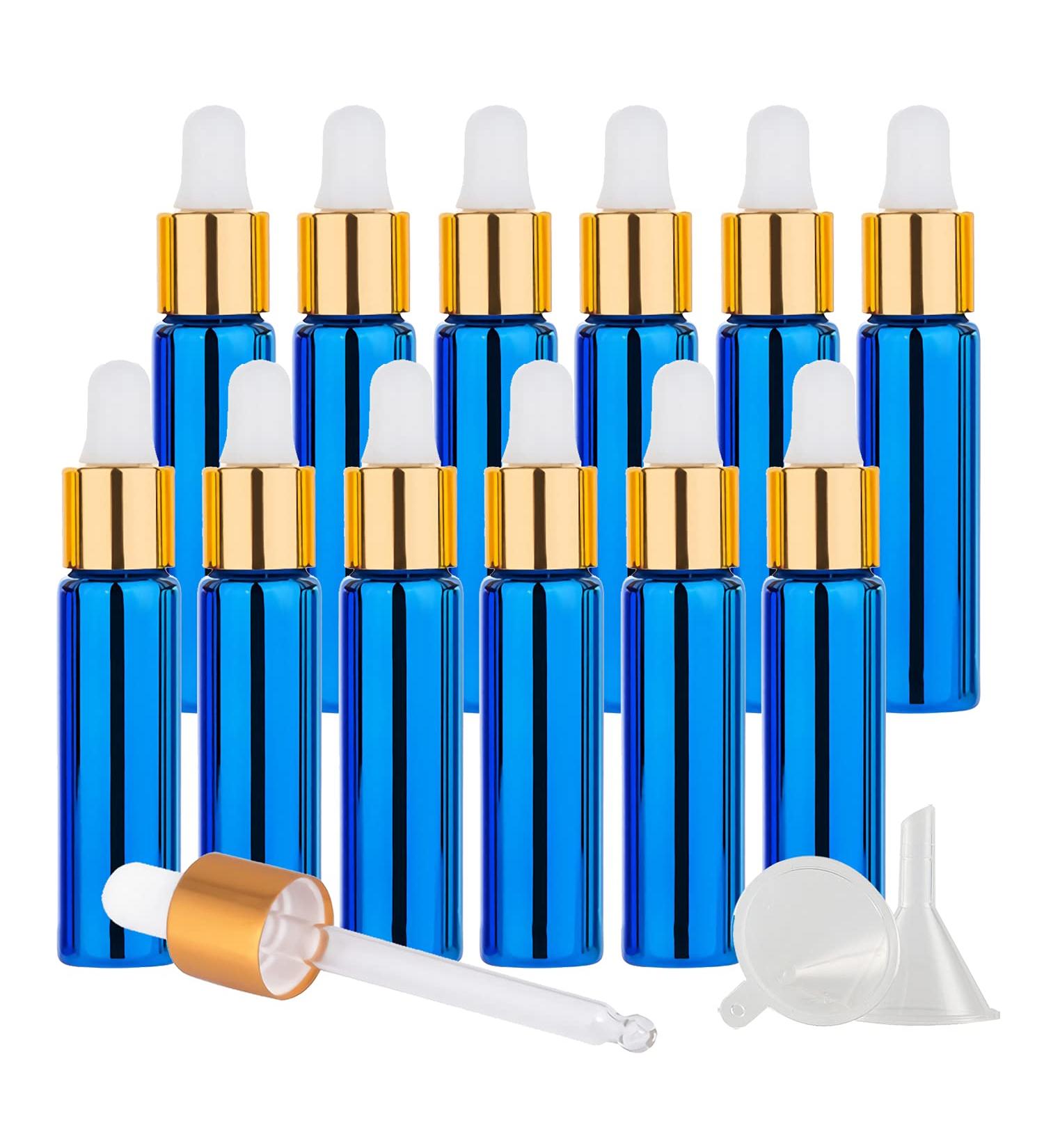 Tianzd 12 Pack 10 ml Chrome Blue Drip Bottles with Glass Pipettes - Essential Oil & Perfume Storage - Gold Screw Cap - Buy Online on GoSupps.com
