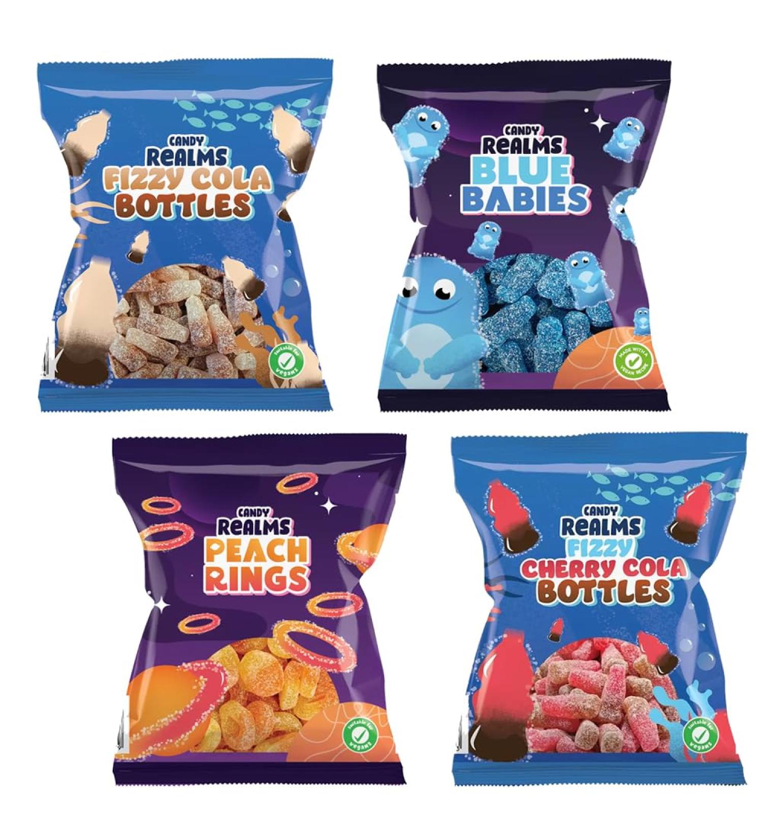 Candy Realms Mixed Sour & Sweet Jelly Flavours Sweets Selection - Fizzy Cola Bottles Jelly Blue Babies Peach Rings Cherry Cola Bottles Each190g (Pack Of 4) - Buy Online on GoSupps.com
