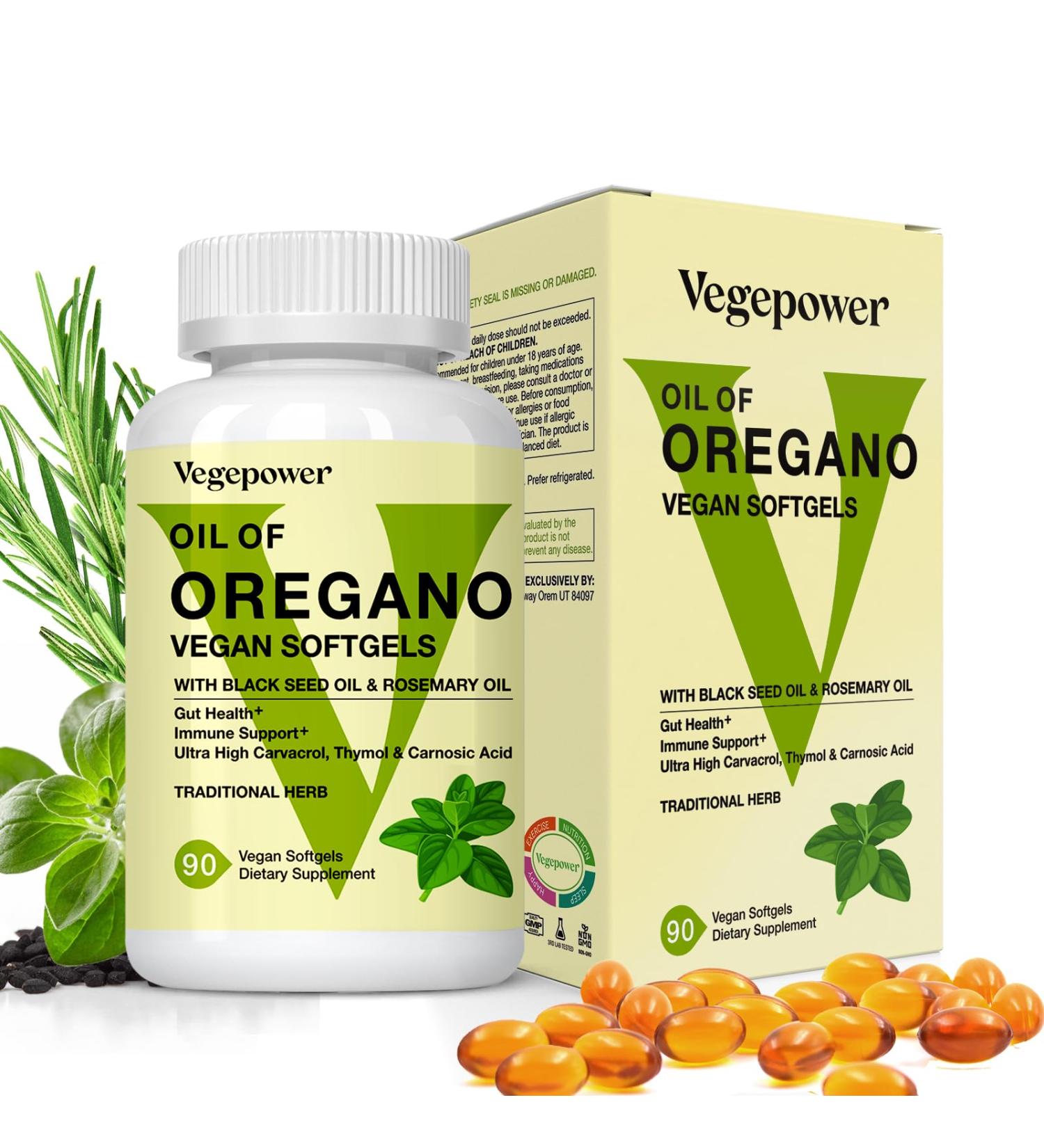 VEGEPOWER Oil of Oregano with Black Seed Oil, 4 in 1 Oil of Oregano Vegan Softgels Supplement - with Carvacrol, Thymol, Rosemary and Vitamin A to Help Support Immune & Gut Health, Non-GMO, 90 Counts - Buy Online on GoSupps.com