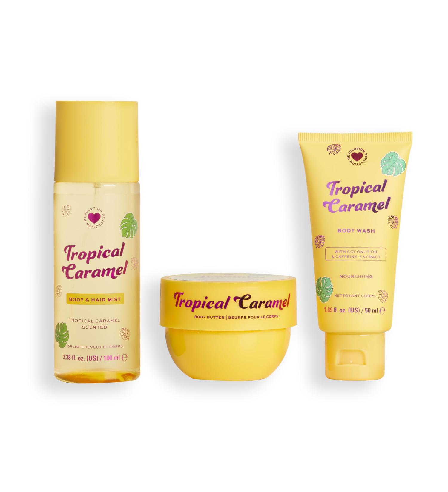 I Heart Revolution Tropical Caramel Bath & Body Gift Set All-In-One Mini Hair & Body Set For Summer Sweet Scent Vegan & Cruelty-Free