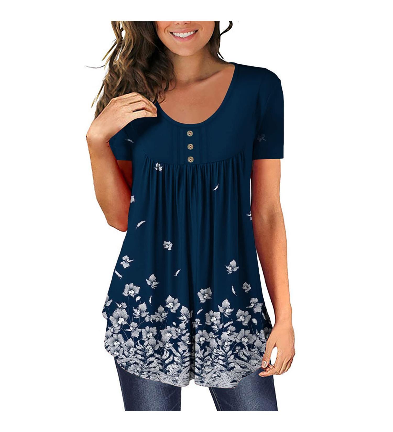 KICILVS Womens Floral Printed Tunic Top - Short Sleeve Henley V-Neck Tee | Casual Dressy Blouse for Leggings | Navy XXL - Buy Online on GoSupps.com